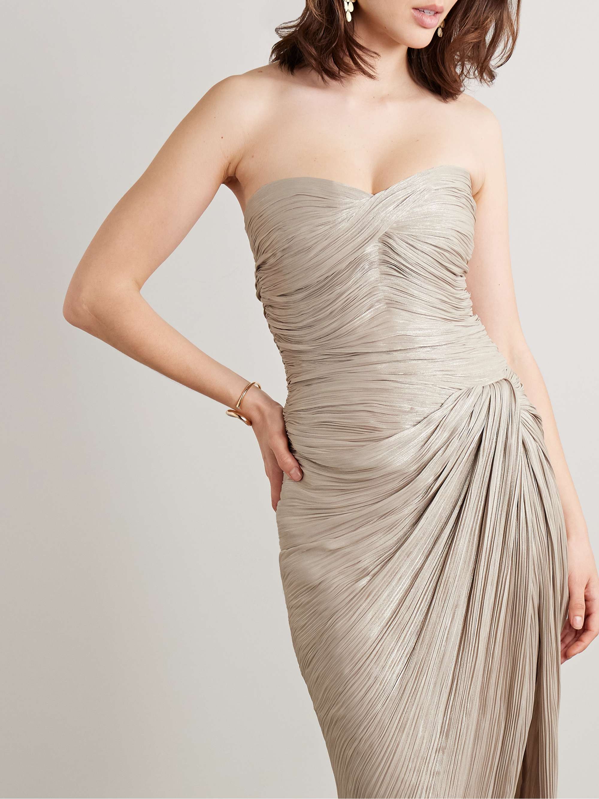Strapless draped metallic plissé-silk gown and cape view