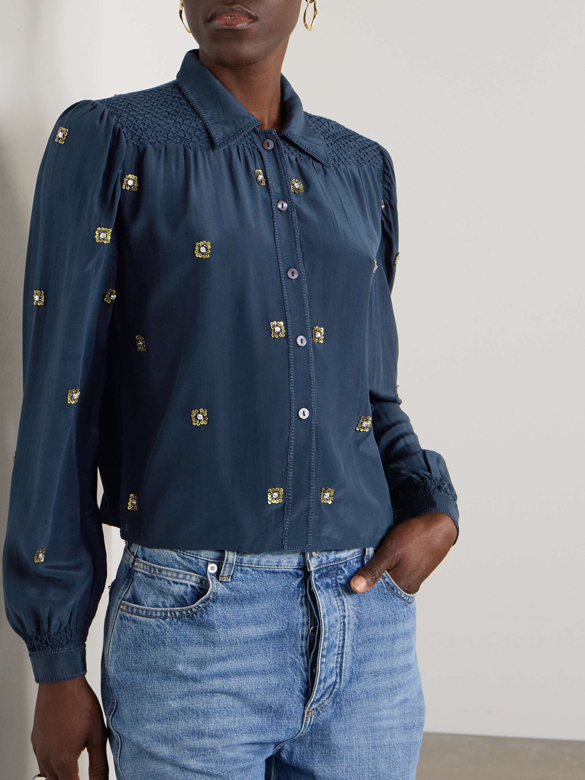Priscilla Casino Night embellished smocked silk shirt view
