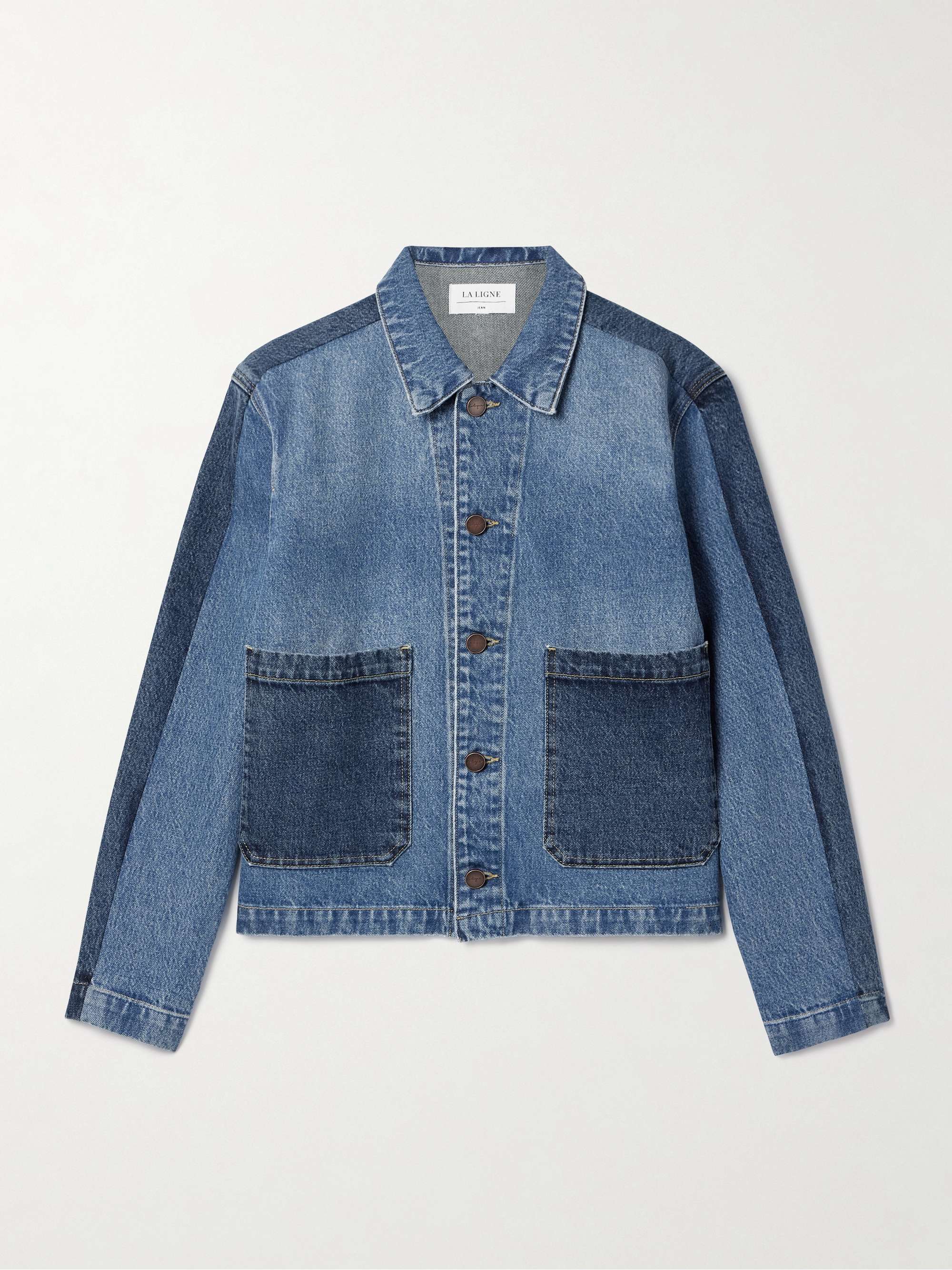 Val cropped paneled two-tone denim jacket view
