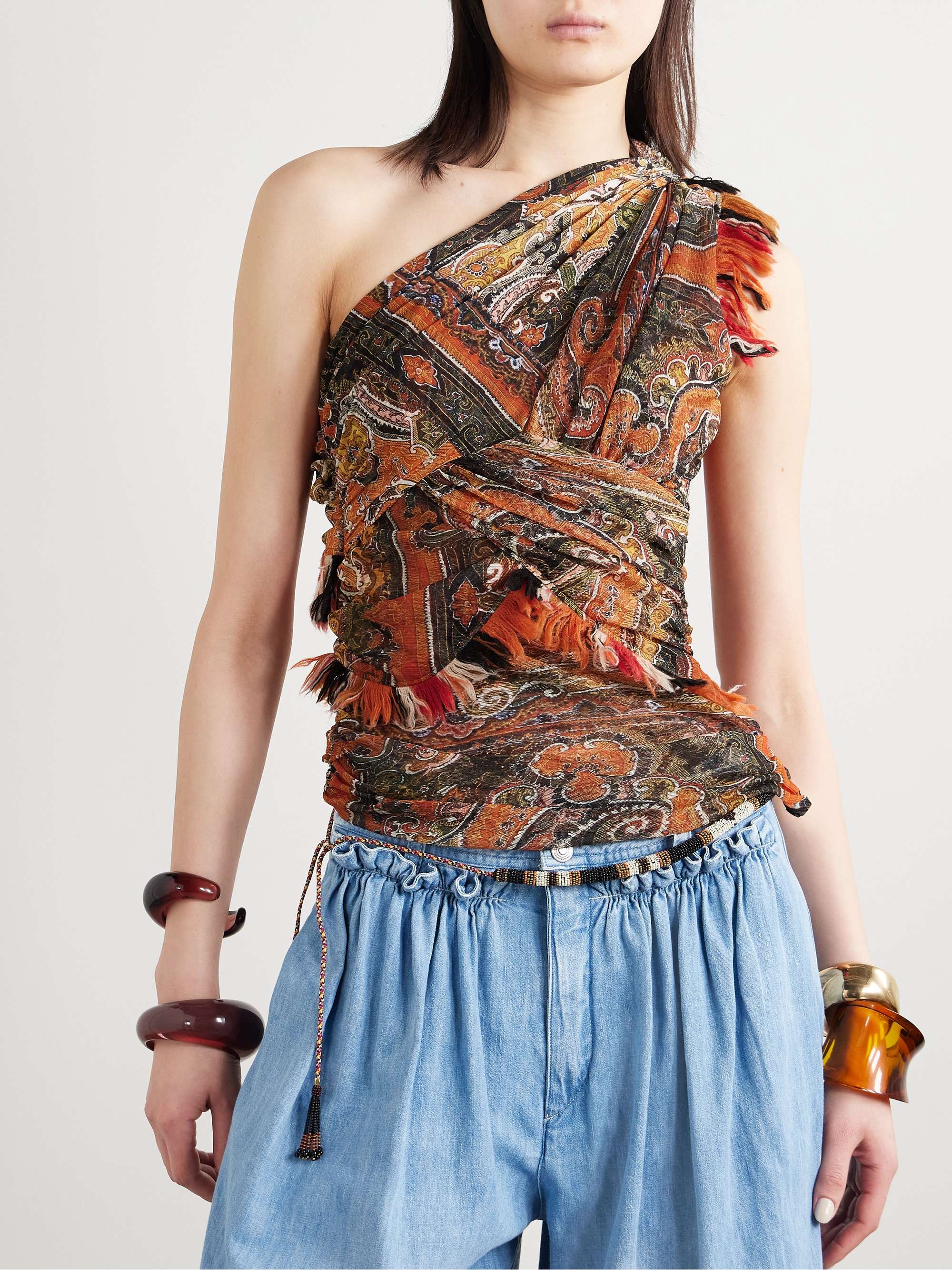Devona one-shoulder fringed wrap-effect paisley-print mesh tank view