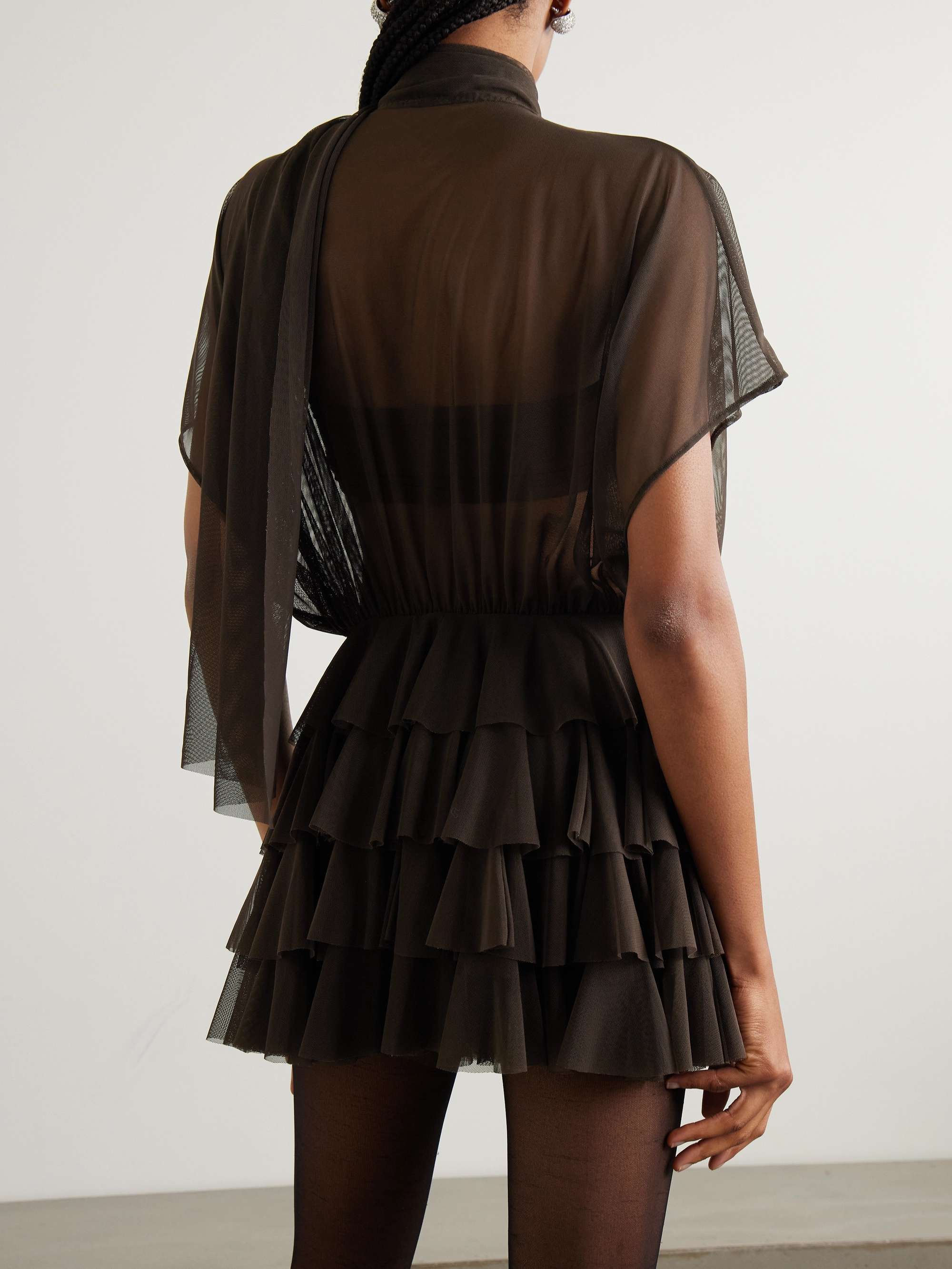 Lauren tie-neck ruffled stretch-mesh mini dress view