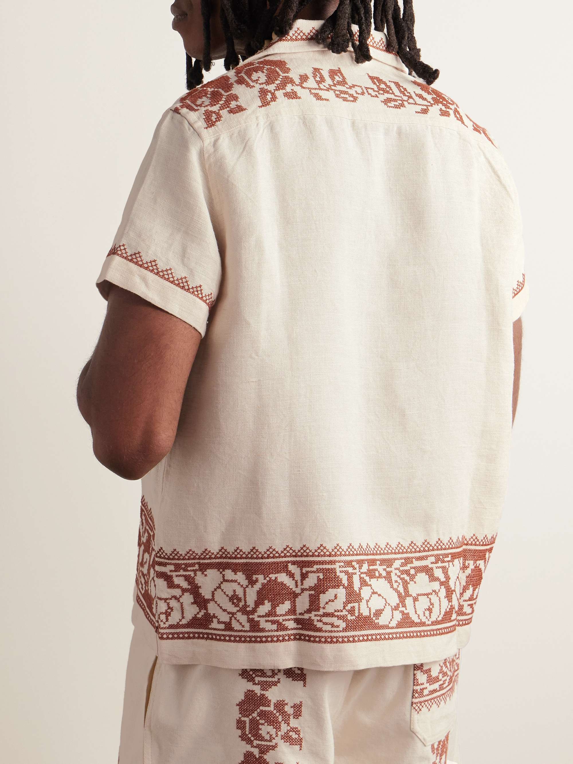 Rose Garland Camp-Collar Cross-Stitched Linen Shirt view