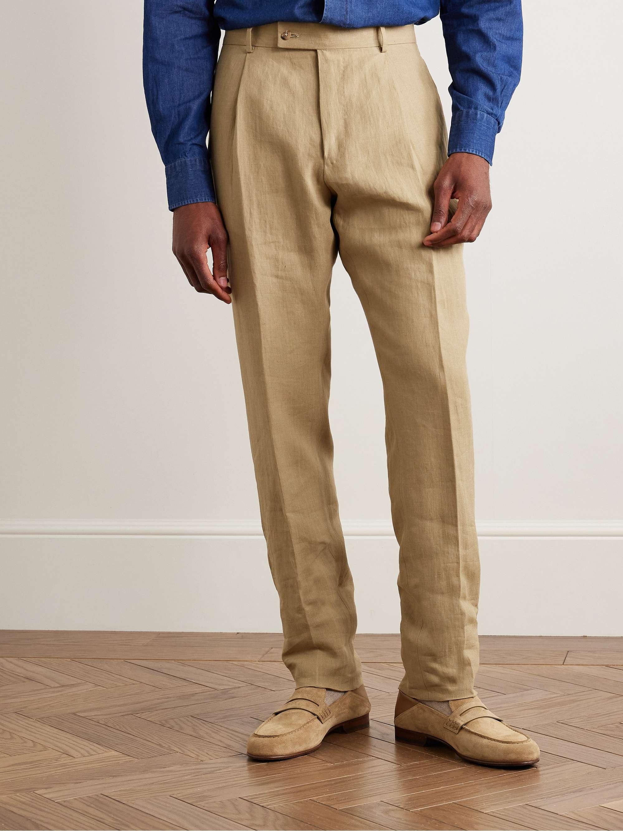 Straight-Leg Pleated Linen Suit Trousers view
