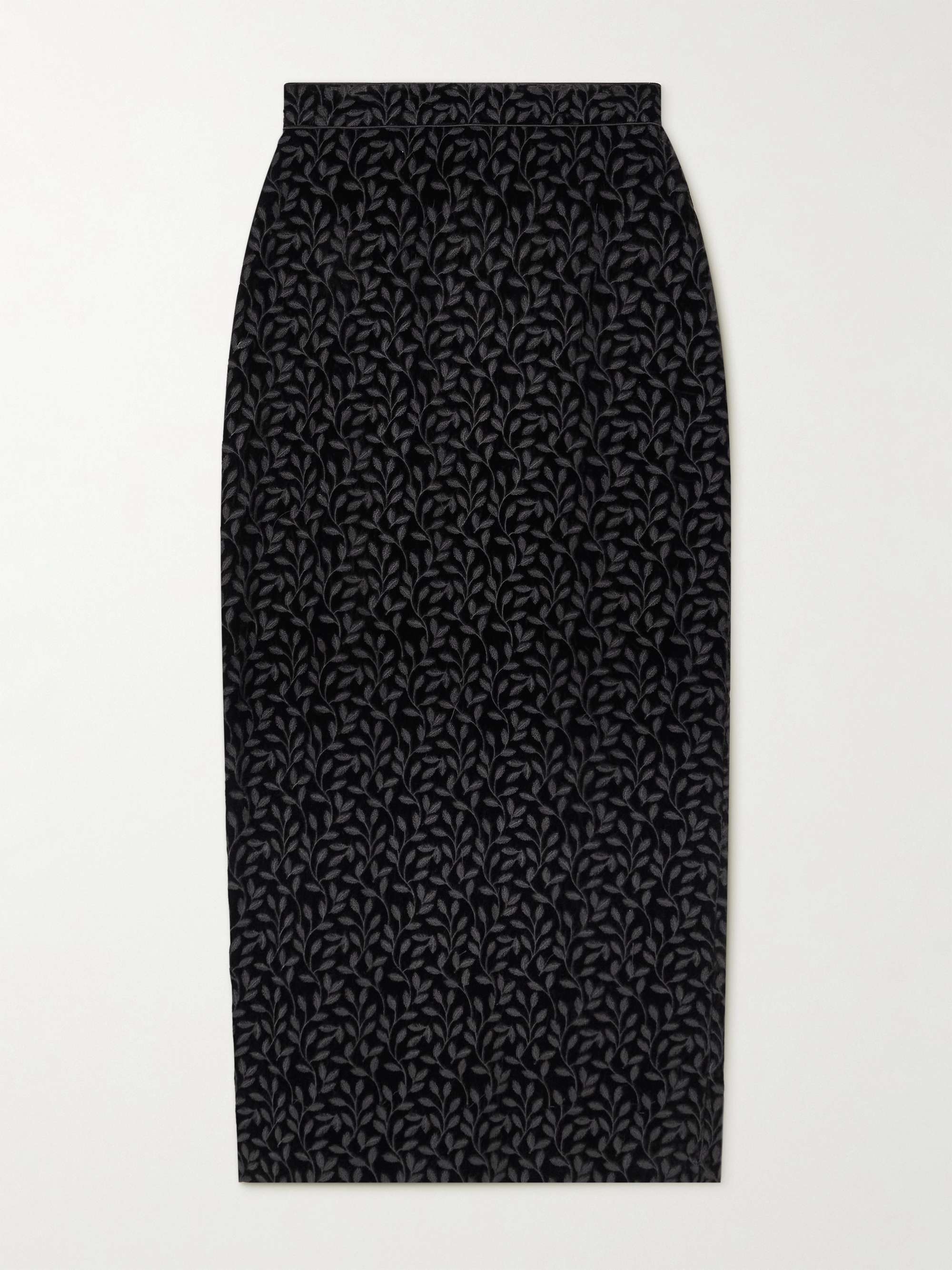 Nat satin-trimmed embroidered velvet midi skirt view