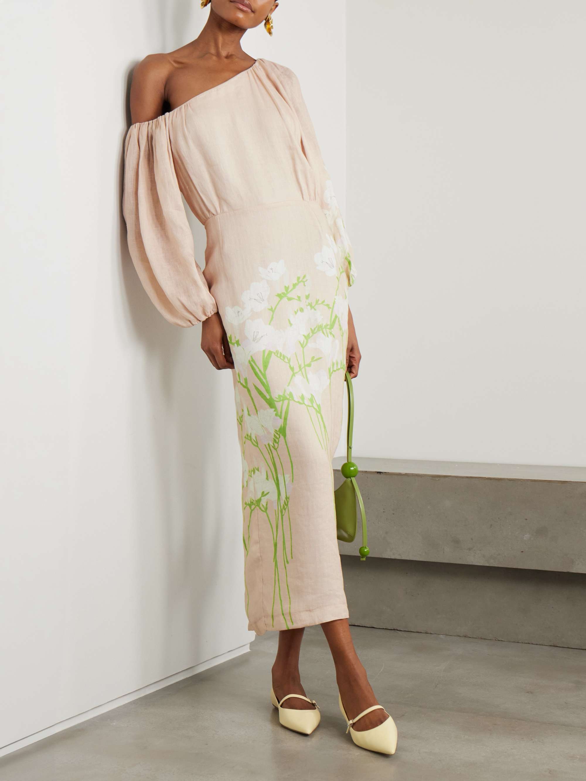 Cara off-the-shoulder gathered floral-print linen midi dress view