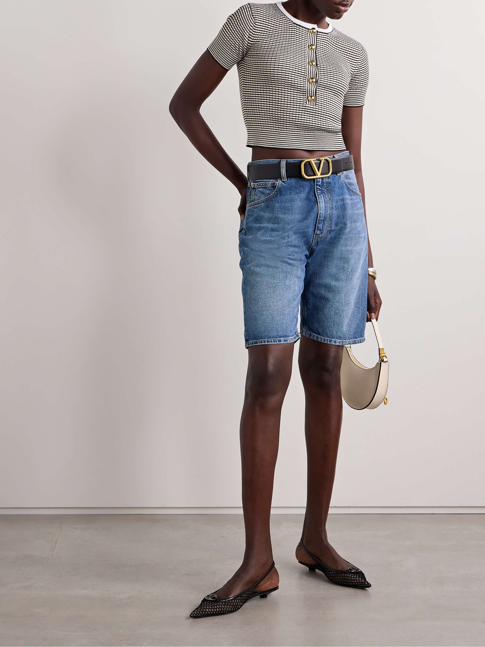 Cropped metallic striped ribbed cotton-blend top view