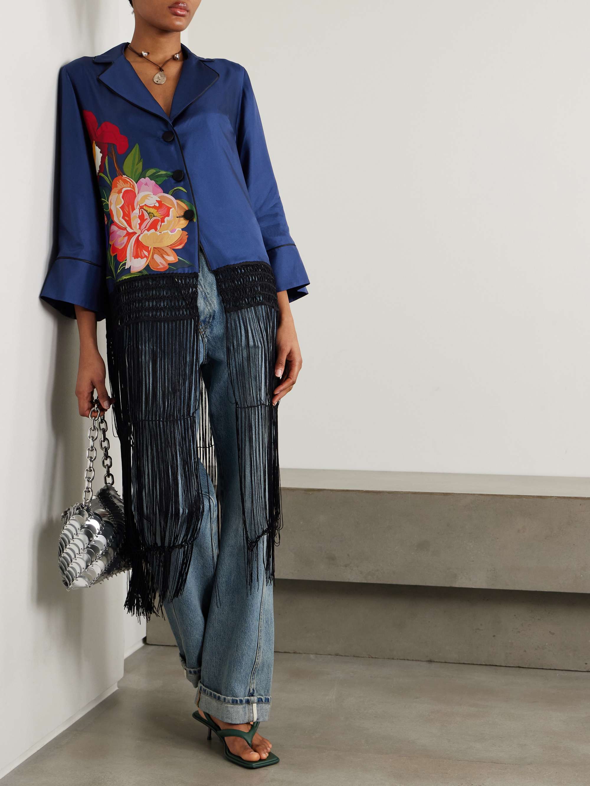 Calliope fringed macramé-trimmed floral-print silk-twill jacket view