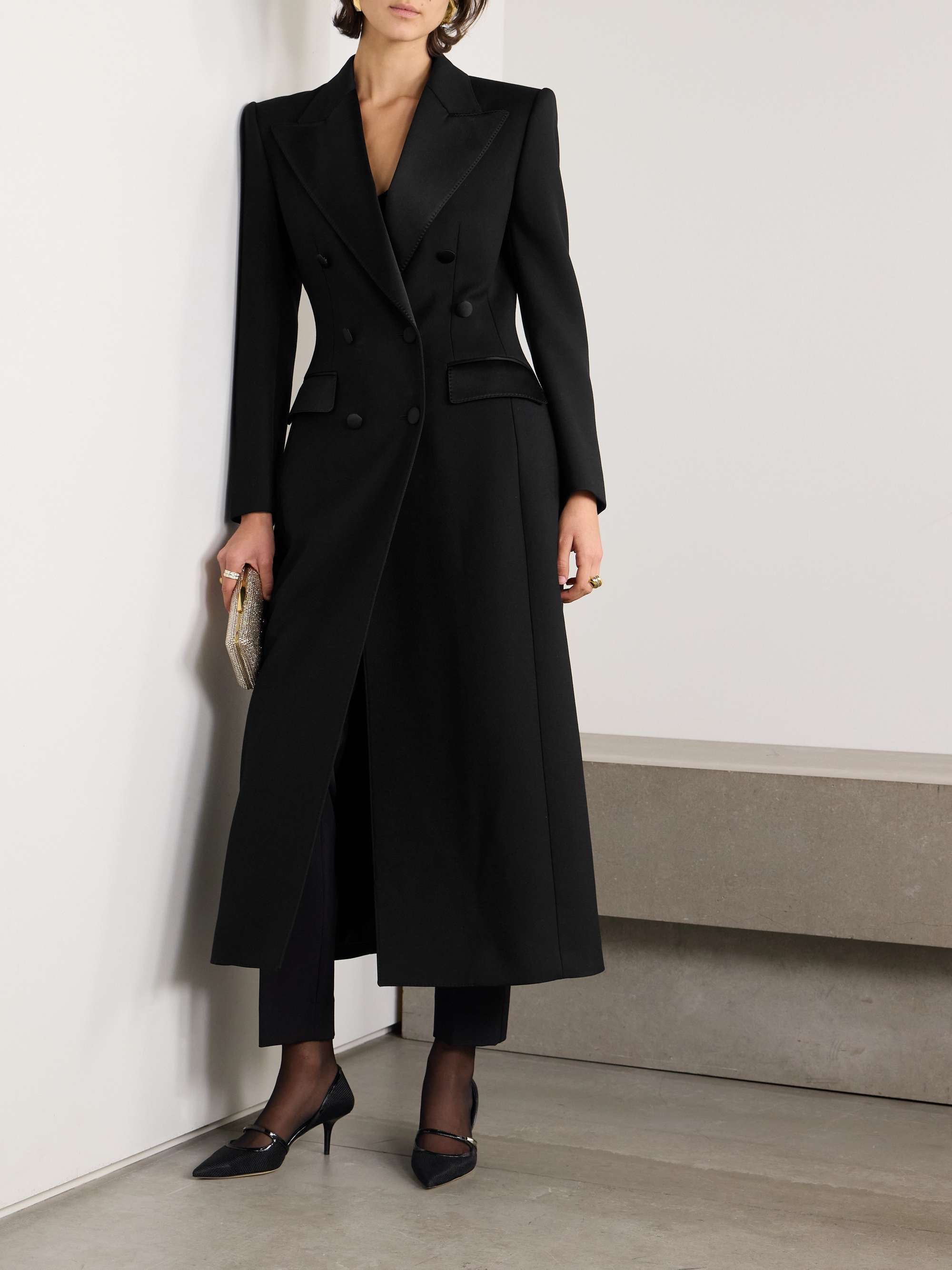 Double-breasted satin-trimmed wool-blend gabardine coat view