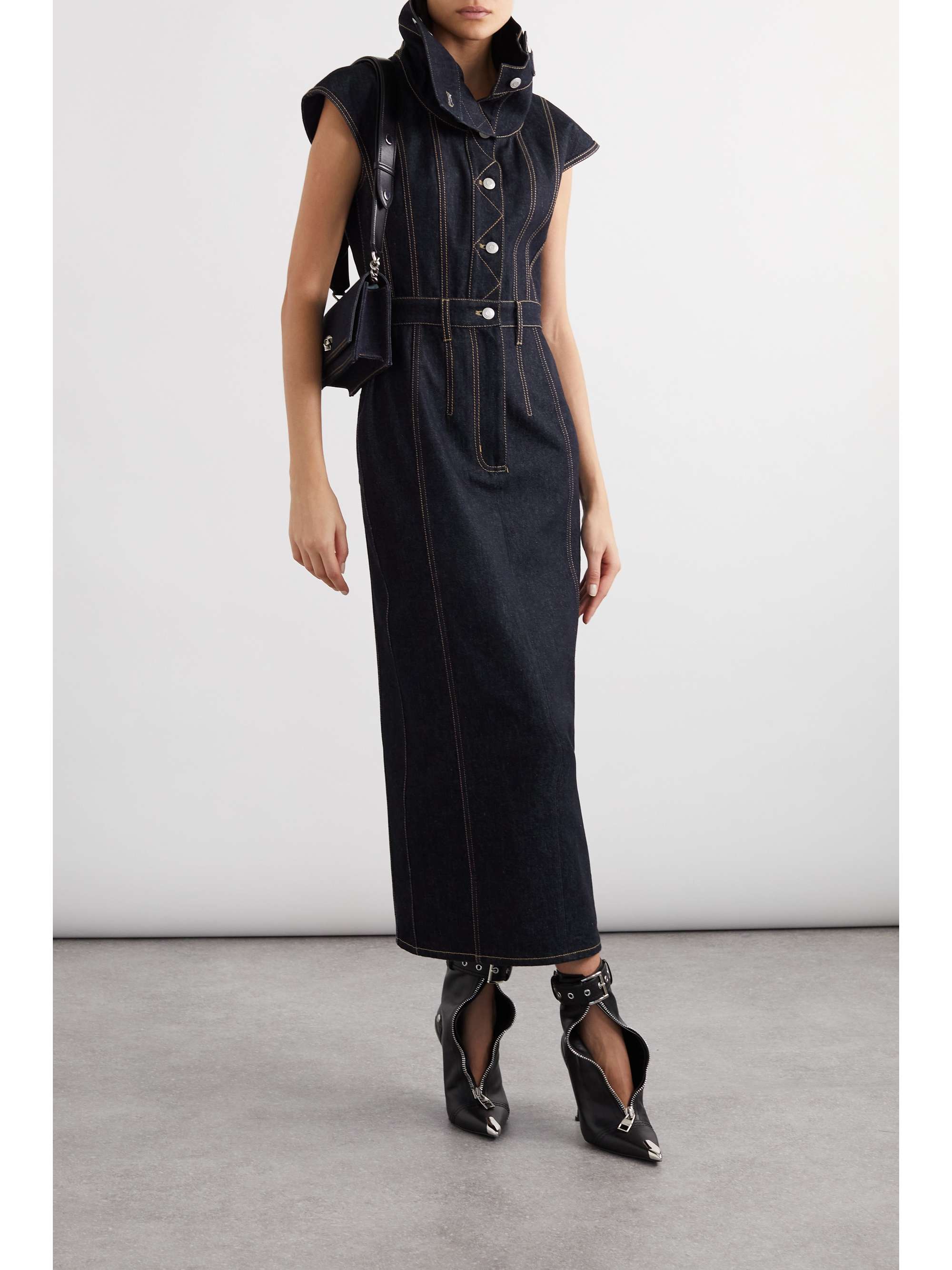 Topstitched denim midi dress view