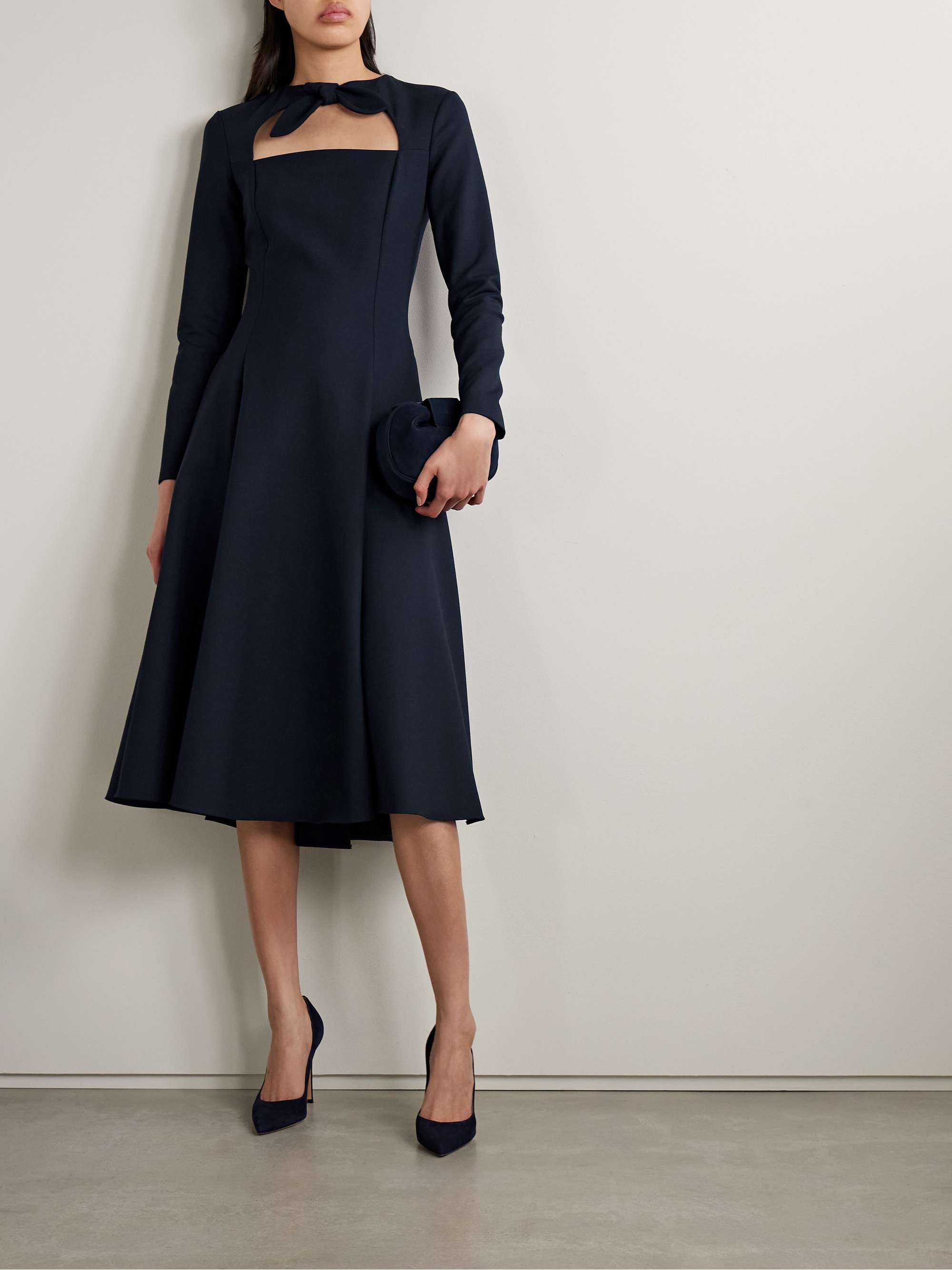 Tie-neck cutout wool-blend midi dress view