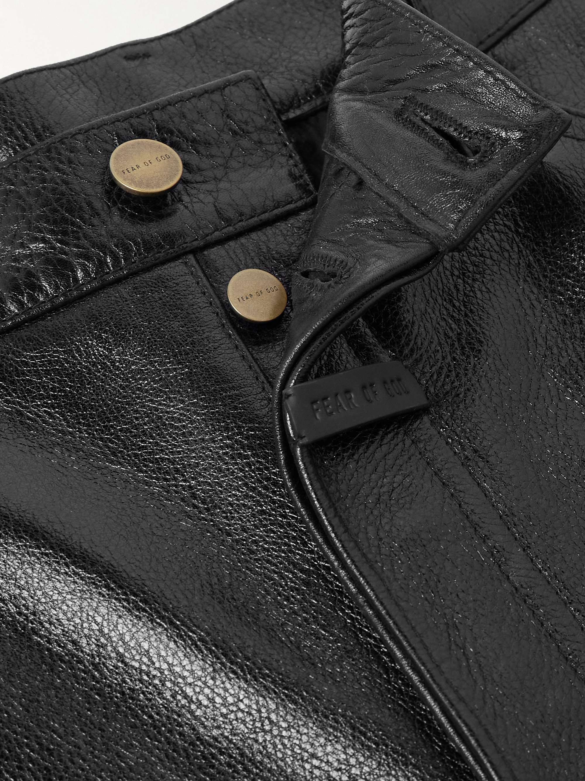 Logo-Appliquéd Straight-Leg Full-Grain Leather Trousers view
