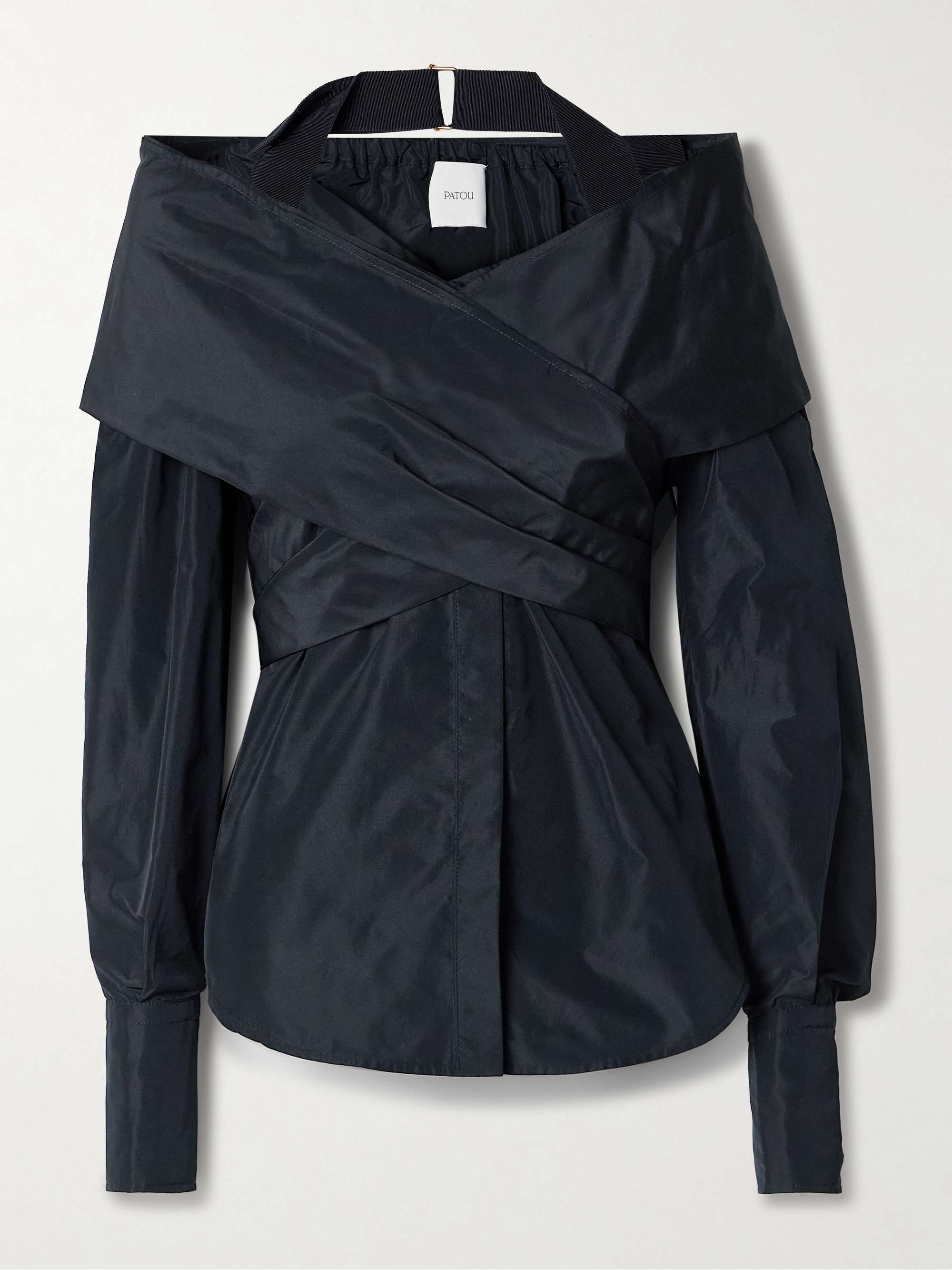 Off-the-shoulder wrap-effect sateen blouse view