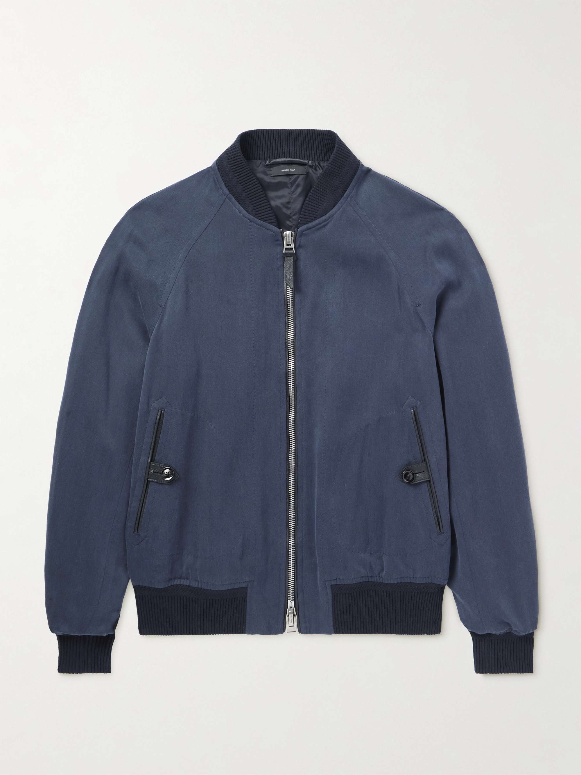 Leather-Trimmed Lyocell-Twill Bomber Jacket view