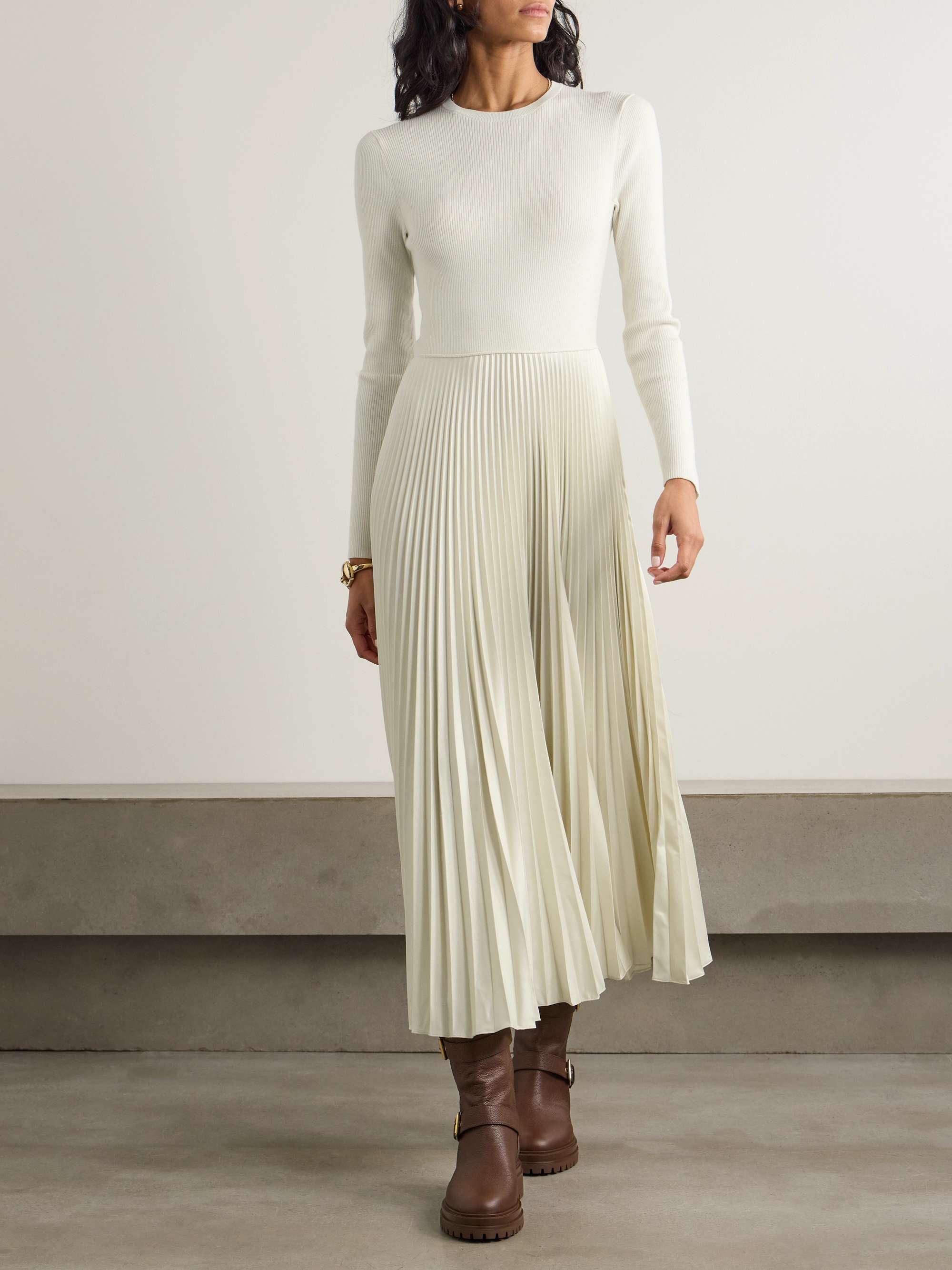 Pleated wool ribbed-knit midi dress view