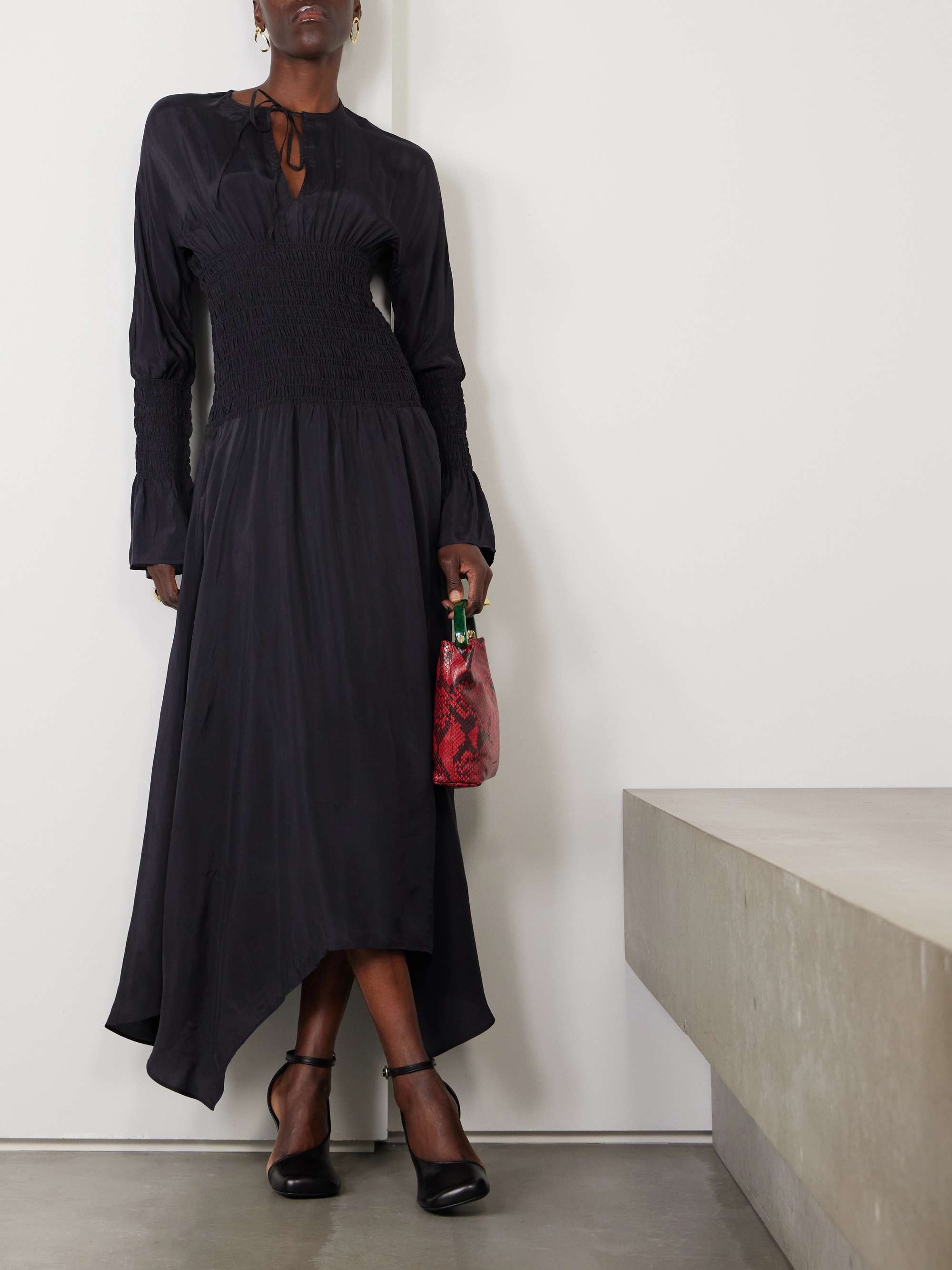 Tie-detailed smocked habotai midi dress view