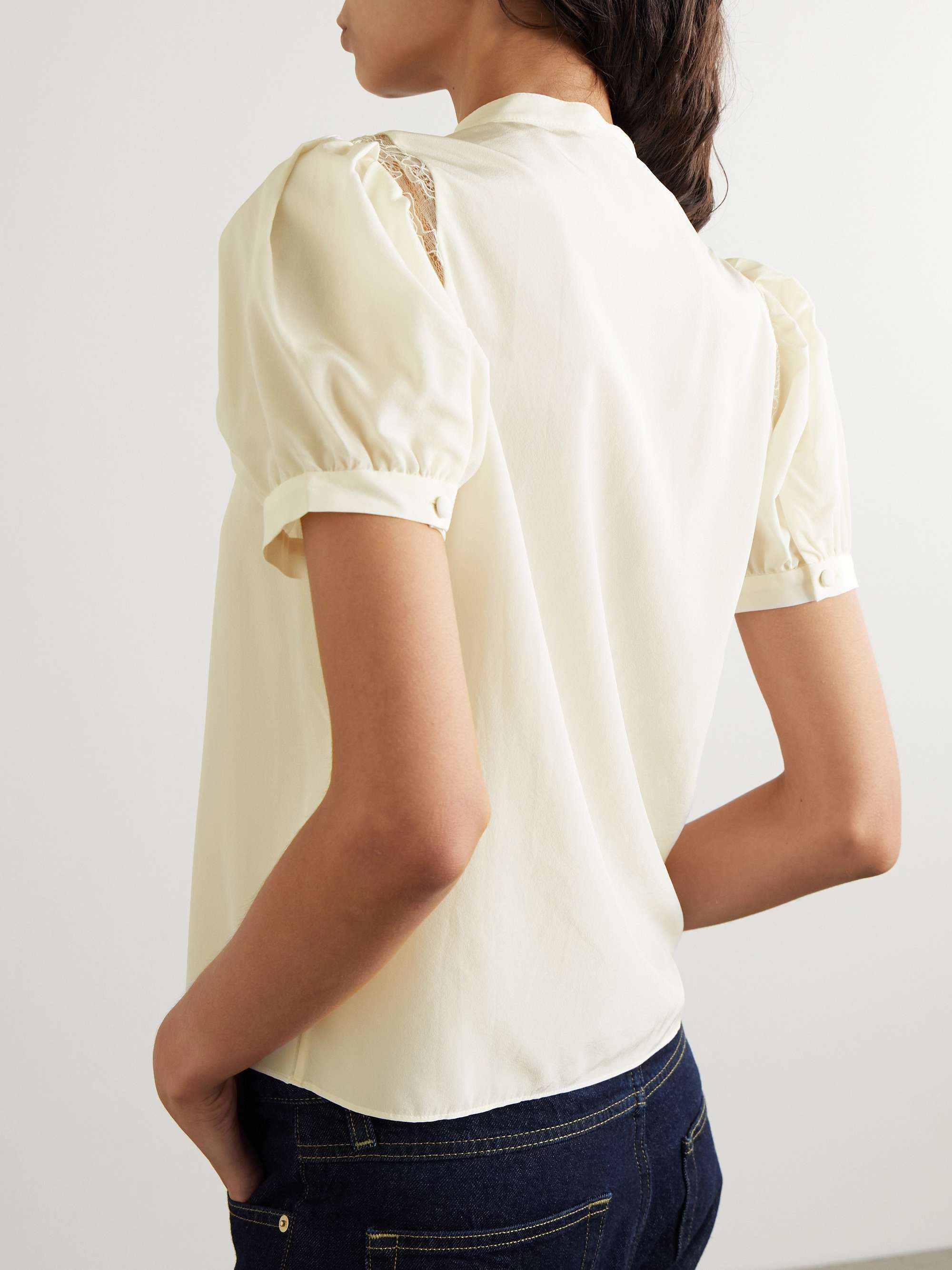 Ruched lace-trimmed silk crepe de chine blouse view