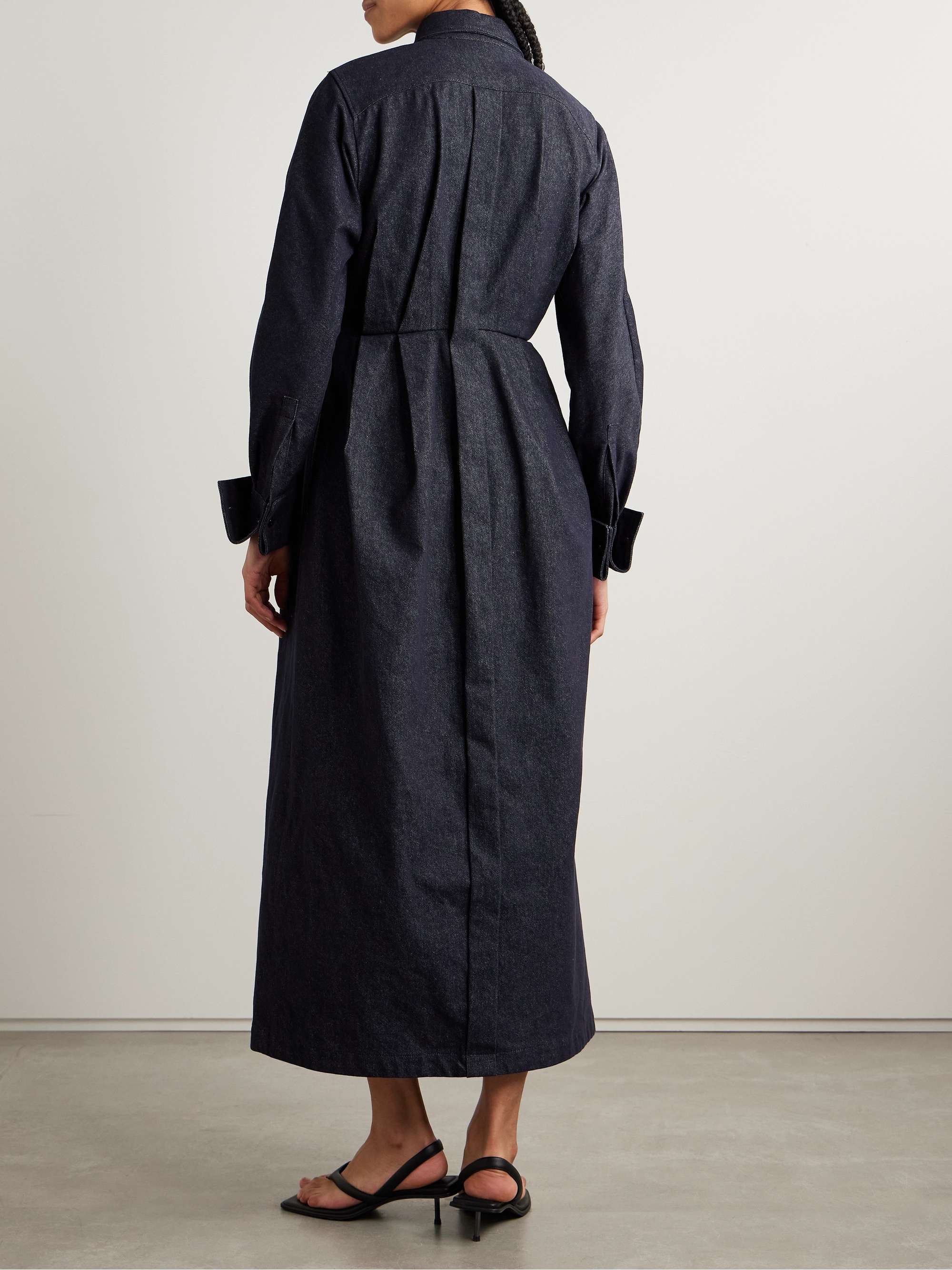 Belted pleated denim midi shirt dress view