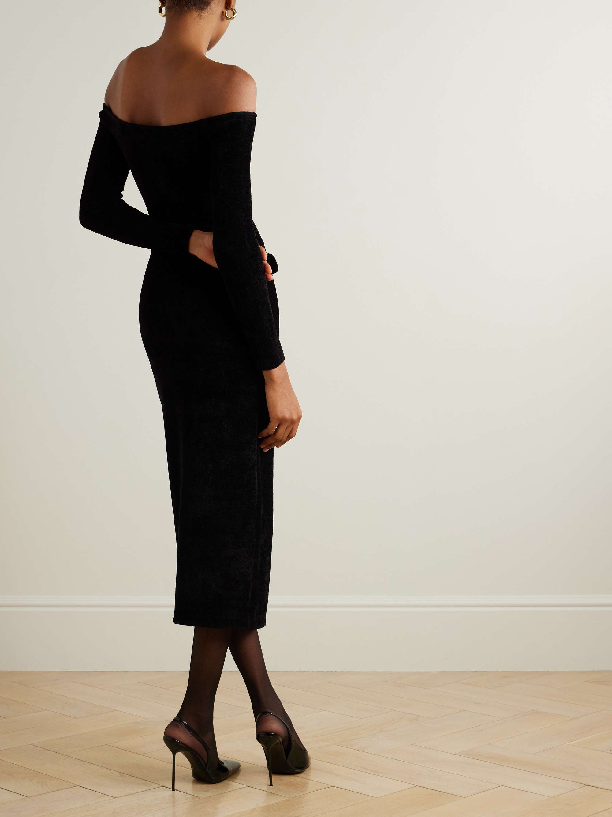 Off-the-shoulder button-embellished chenille midi dress view