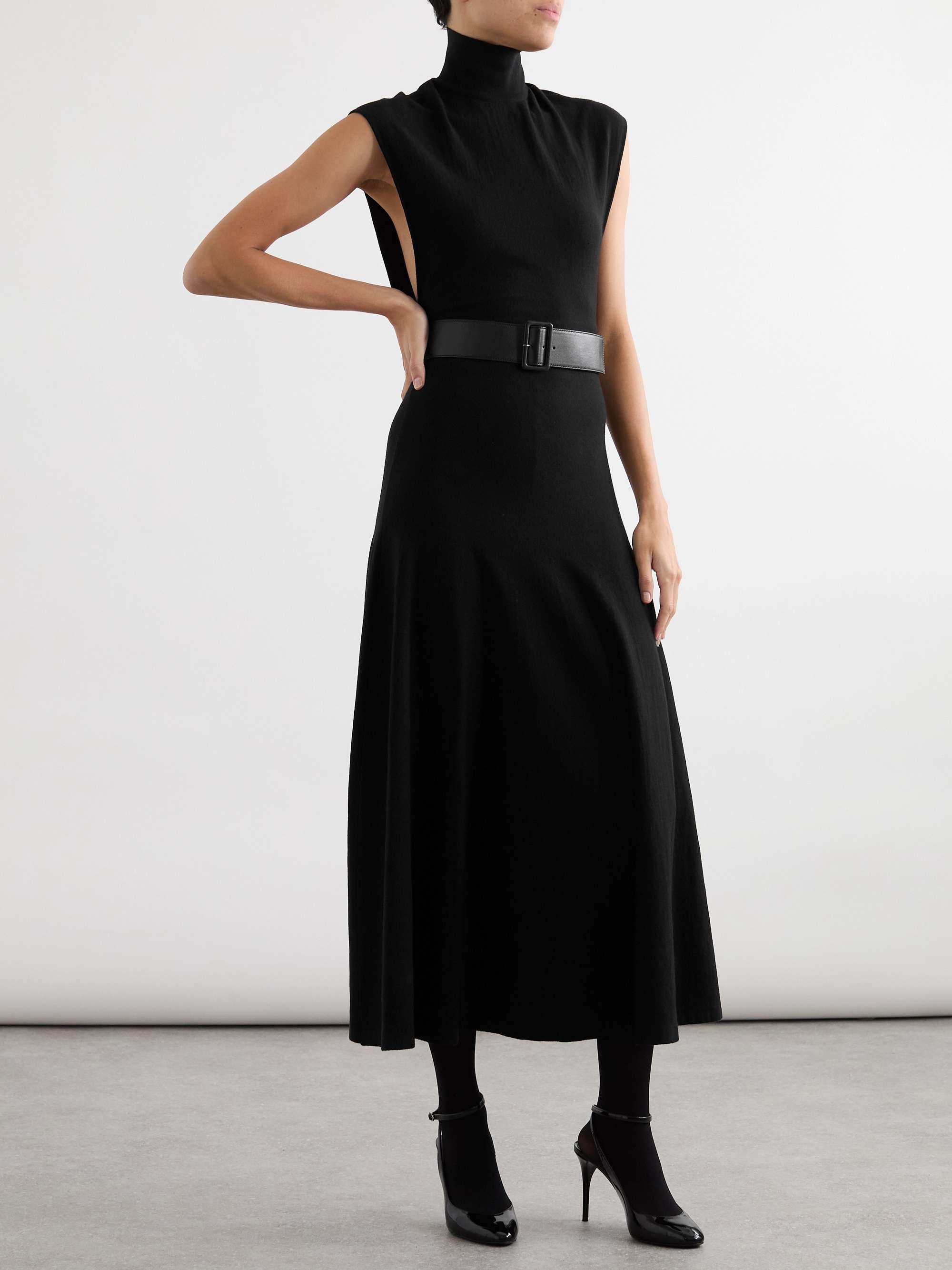 Belted leather-trimmed wool-blend turtleneck midi dress view