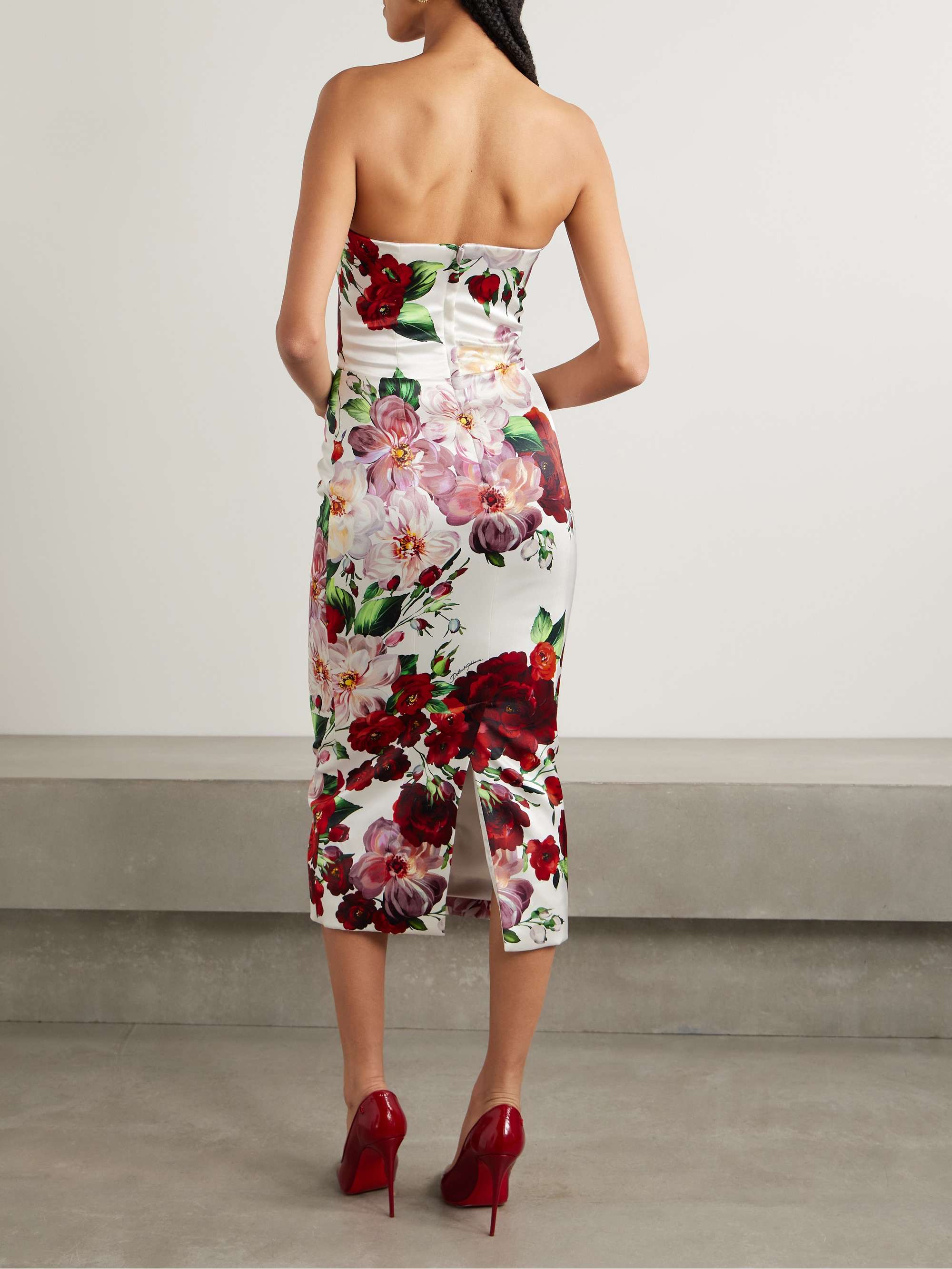Strapless floral-print satin bustier midi dress view