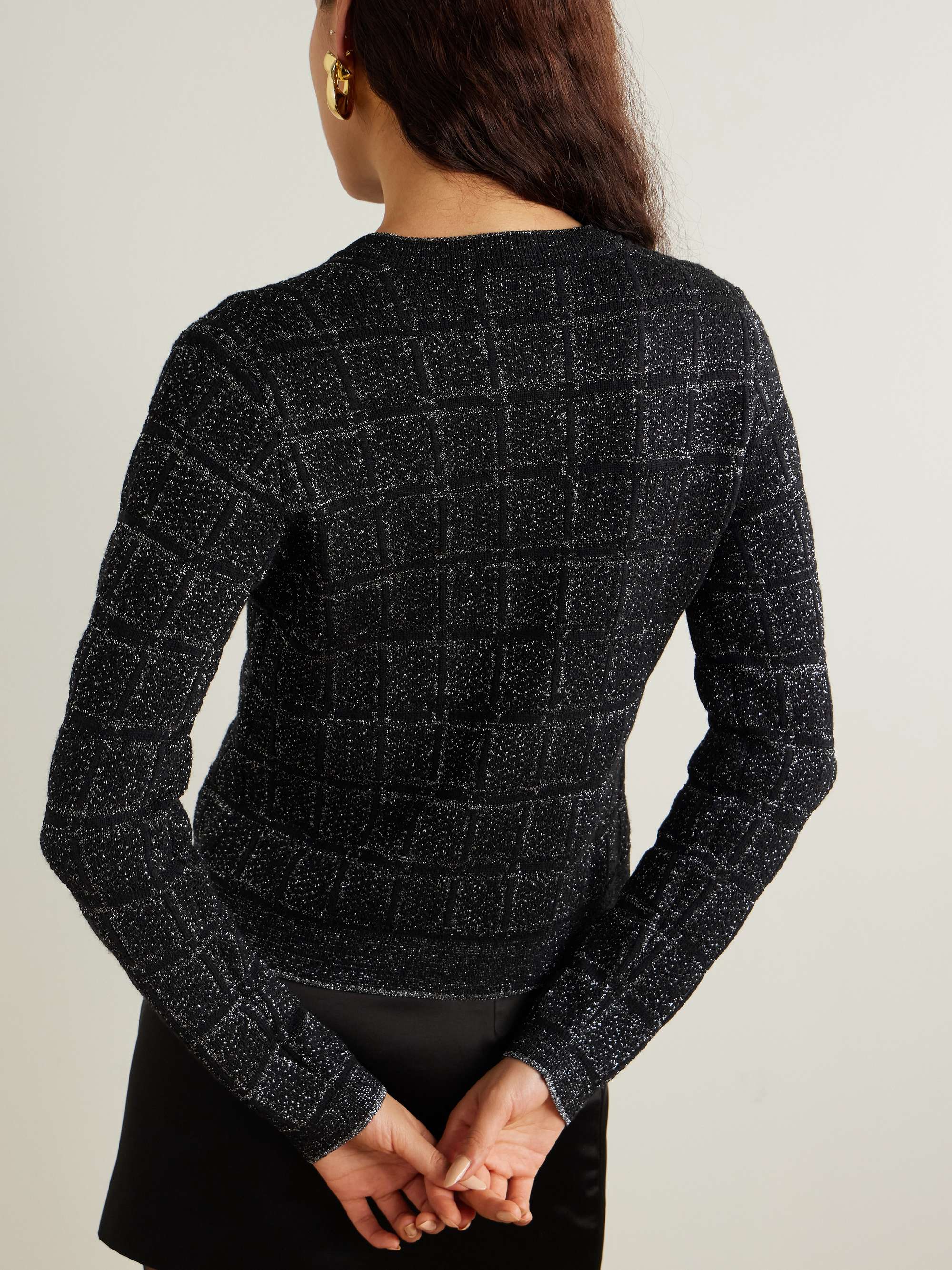 Checked metallic jacquard-knit wool-blend cardigan view