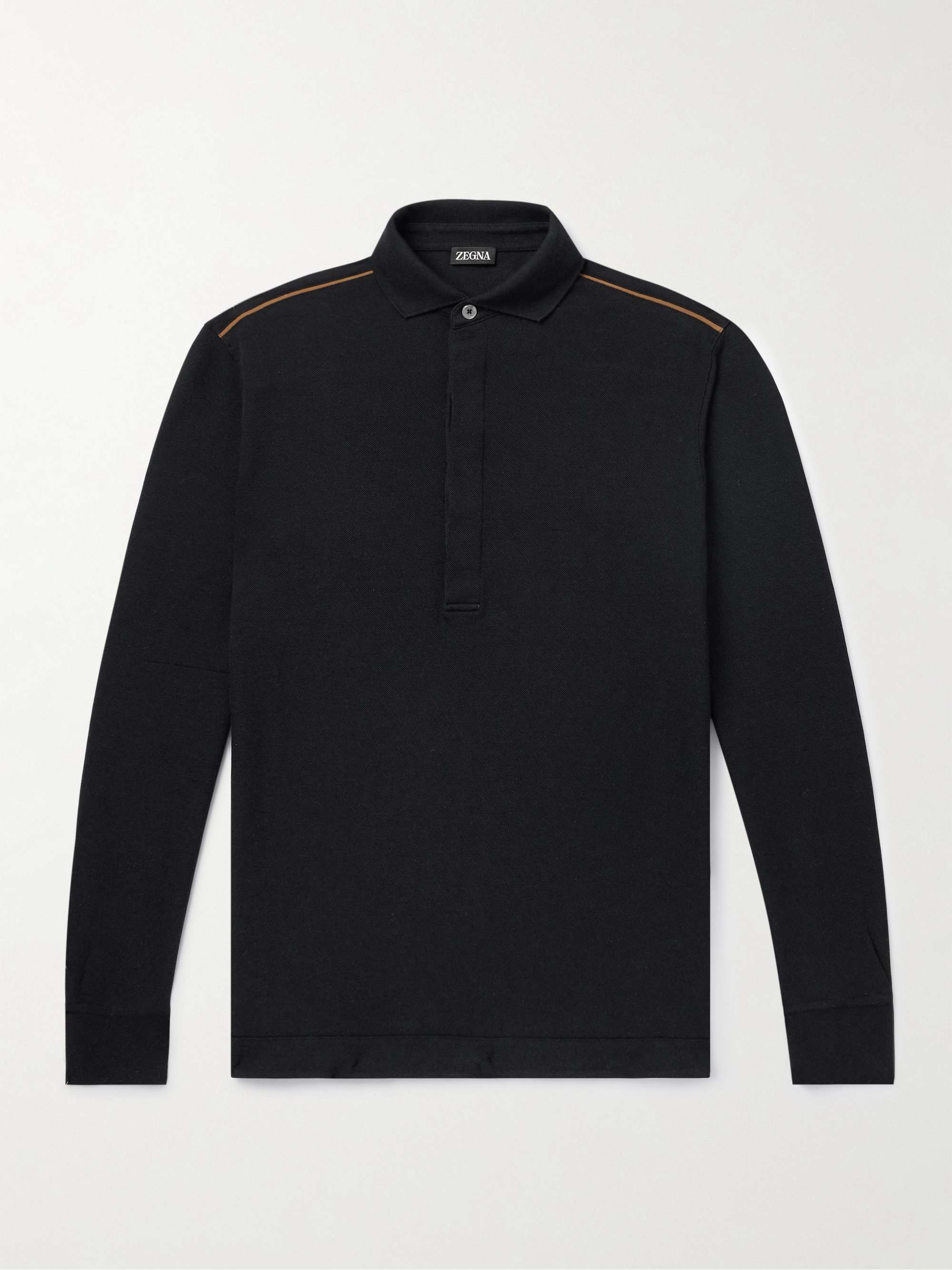 Leather-Trimmed Cotton-Piqué Polo Shirt view