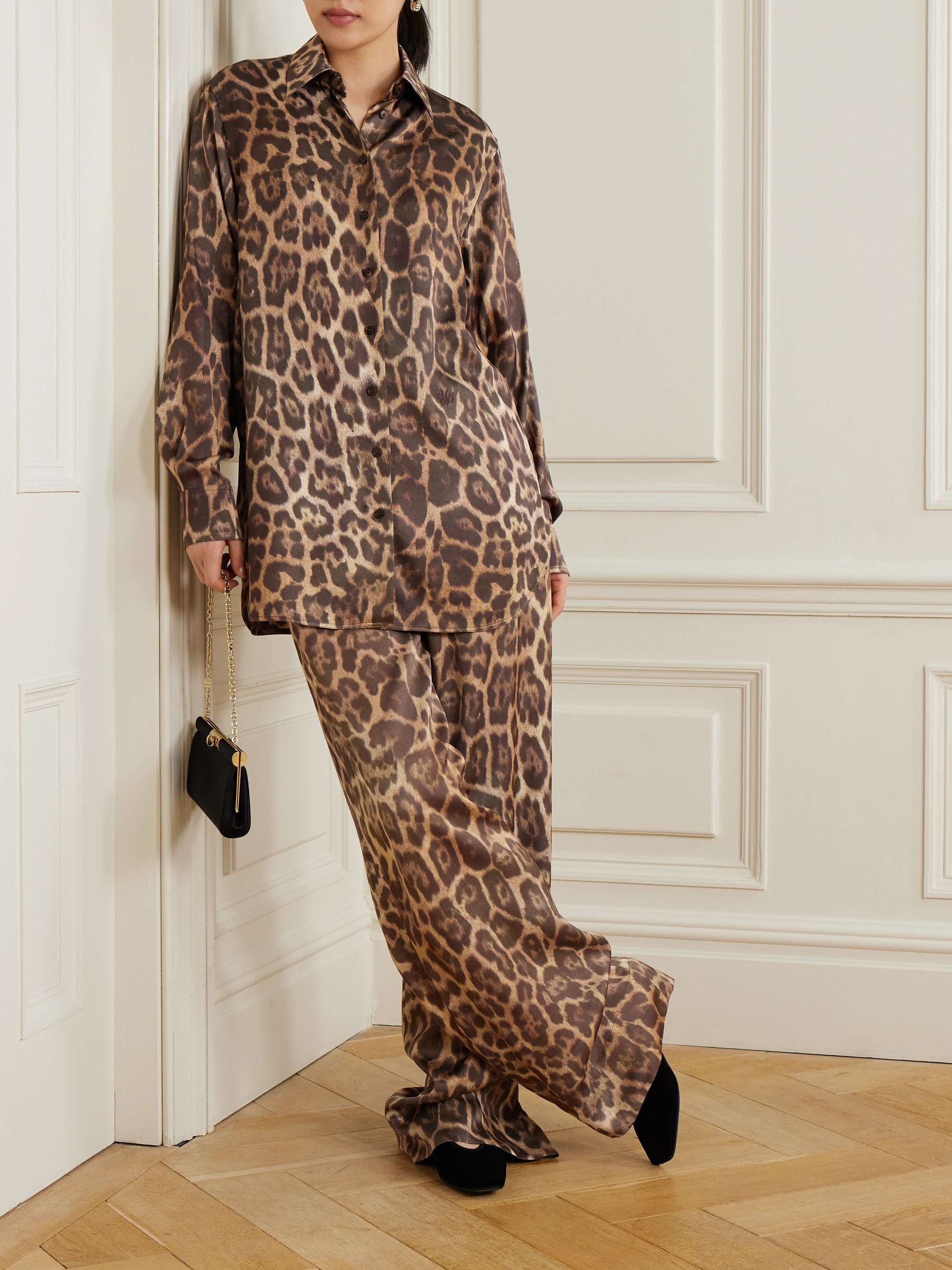 Embroidered leopard-print satin shirt view