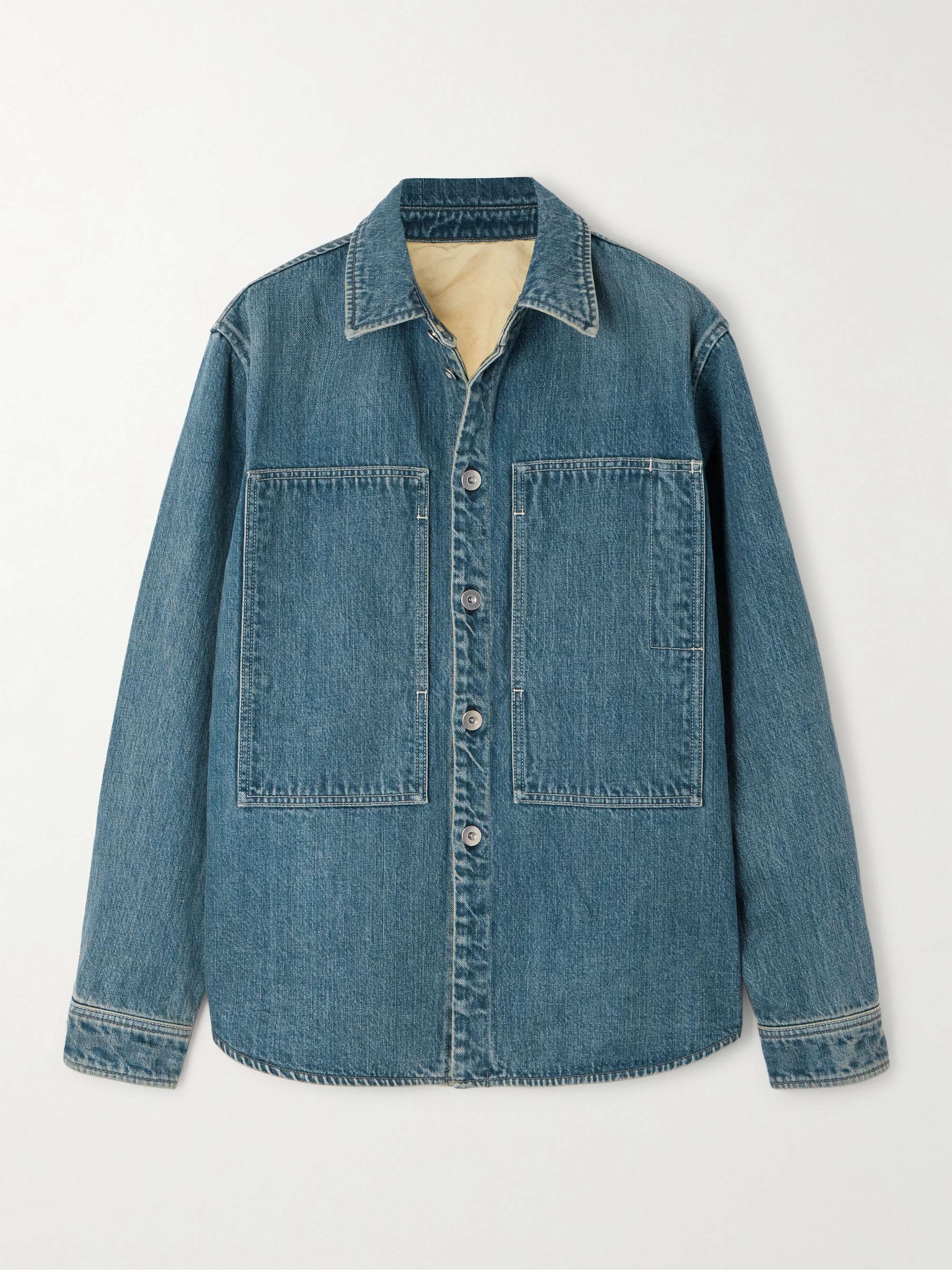 Leather-trimmed paneled denim shirt view