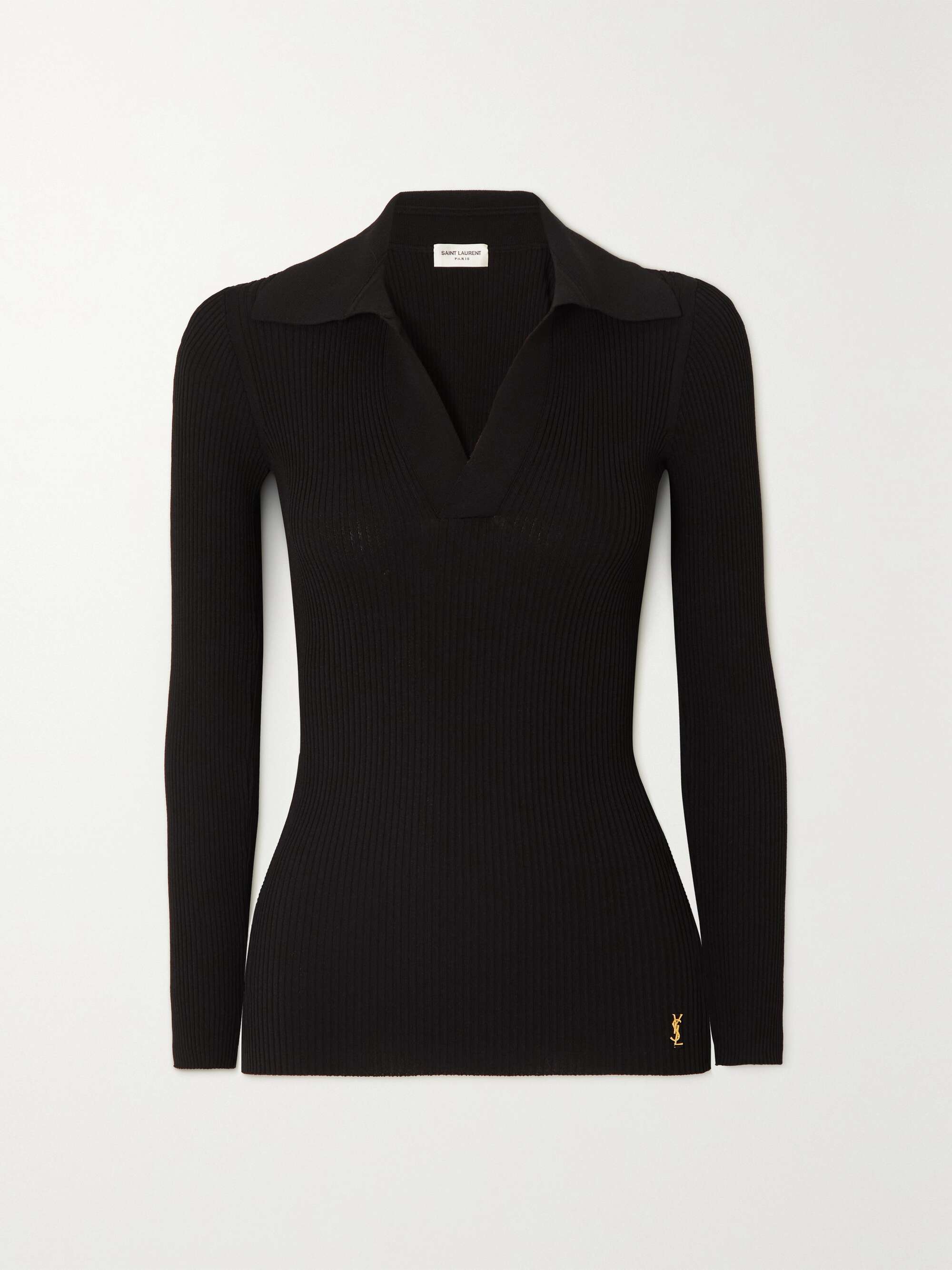 Embellished ribbed-knit polo sweater view