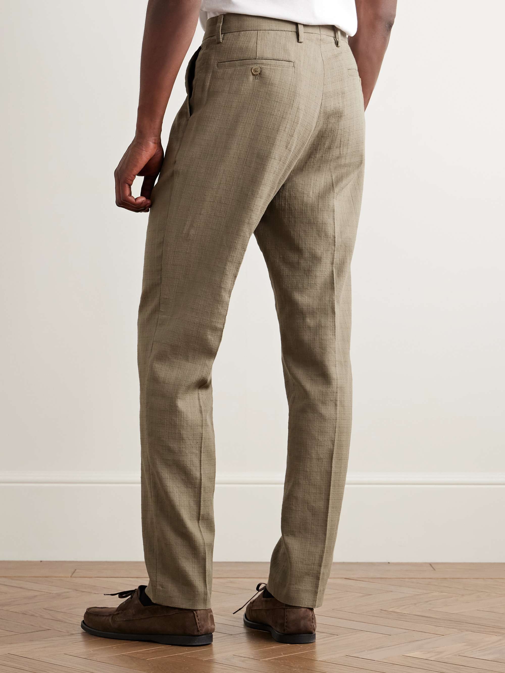 Straight-Leg Pleated Textured-Cotton Trousers view