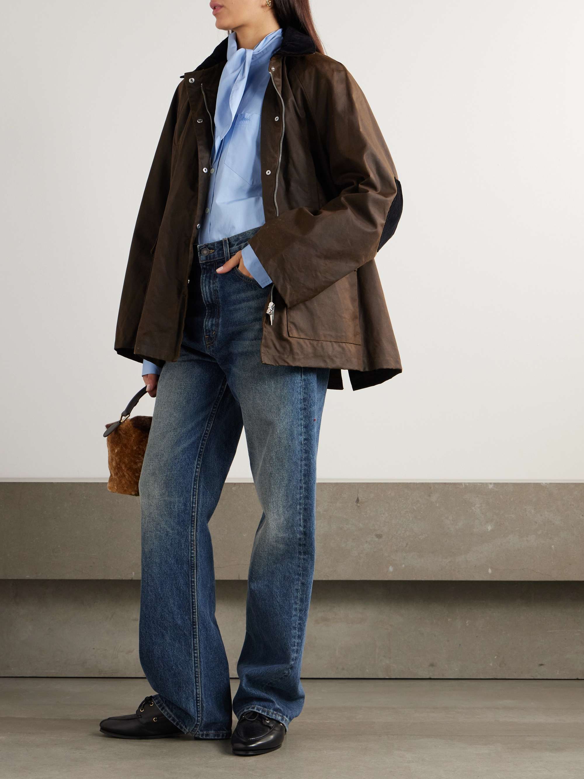 Oversized corduroy-trimmed waxed organic cotton jacket view