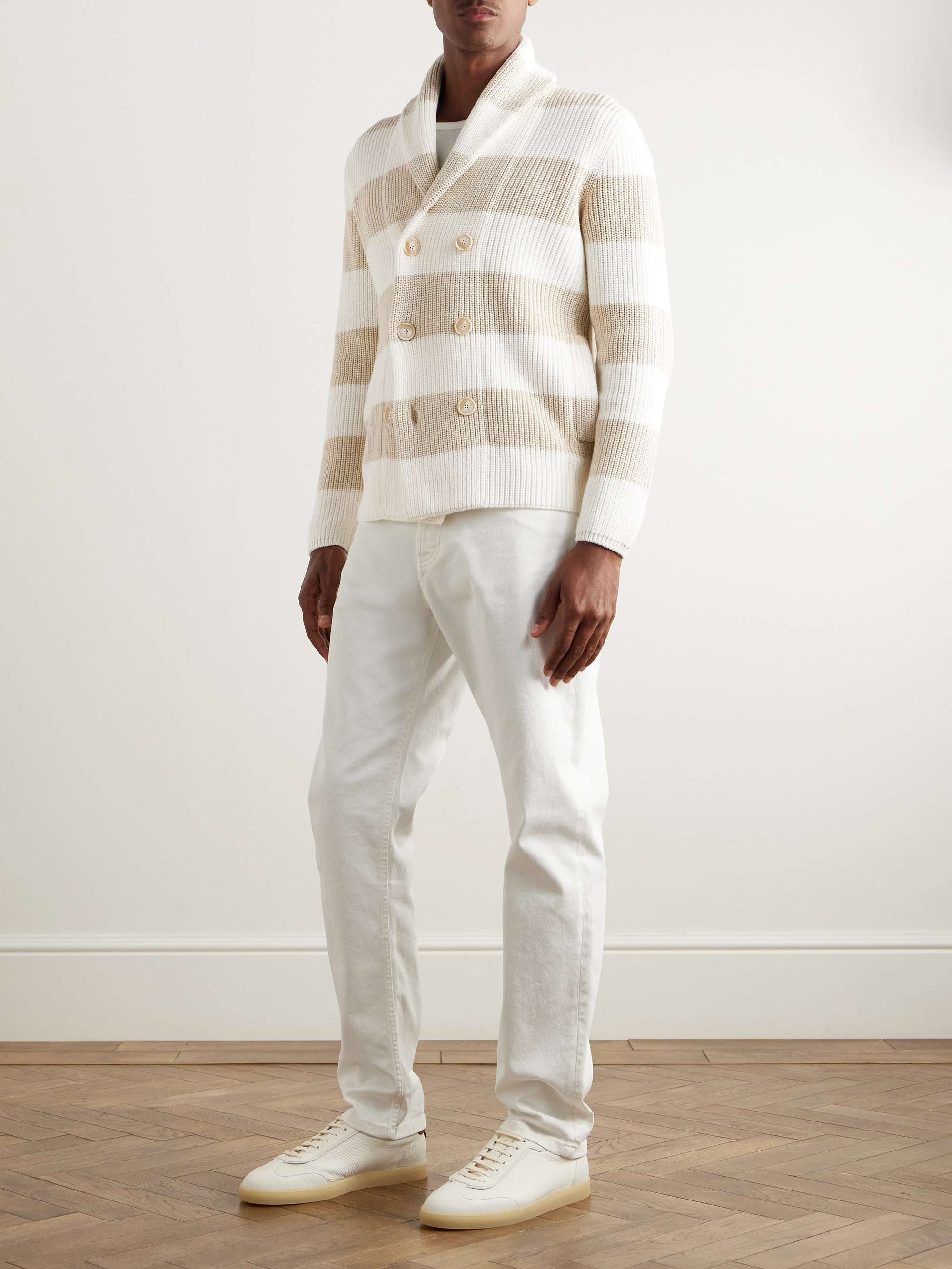Slim-Fit Double-Breasted Shawl-Collar Striped Cotton Cardigan view