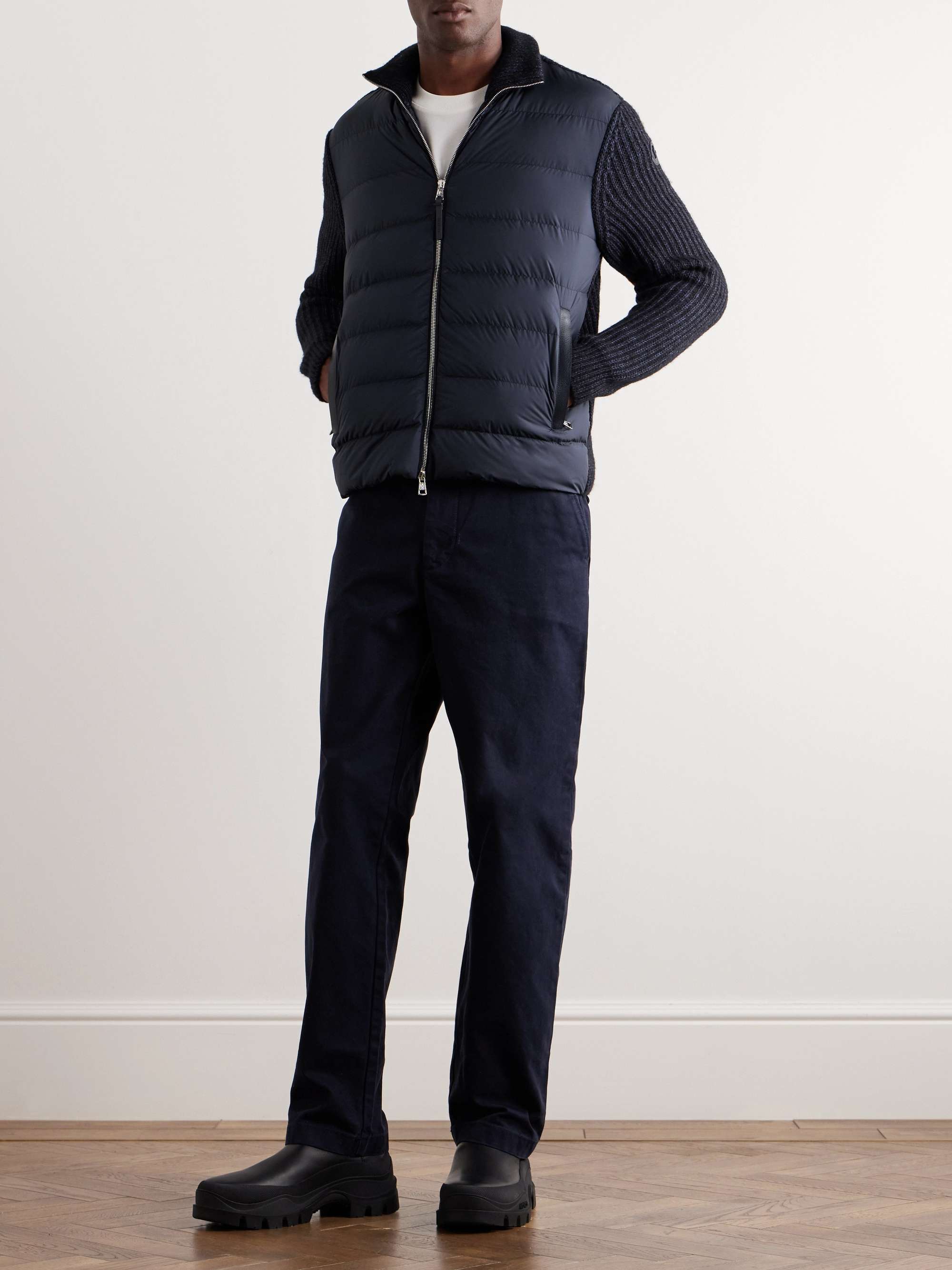 Leather-Trimmed Quilted Shell and Ribbed Cotton and Wool-Blend Down Jacket view