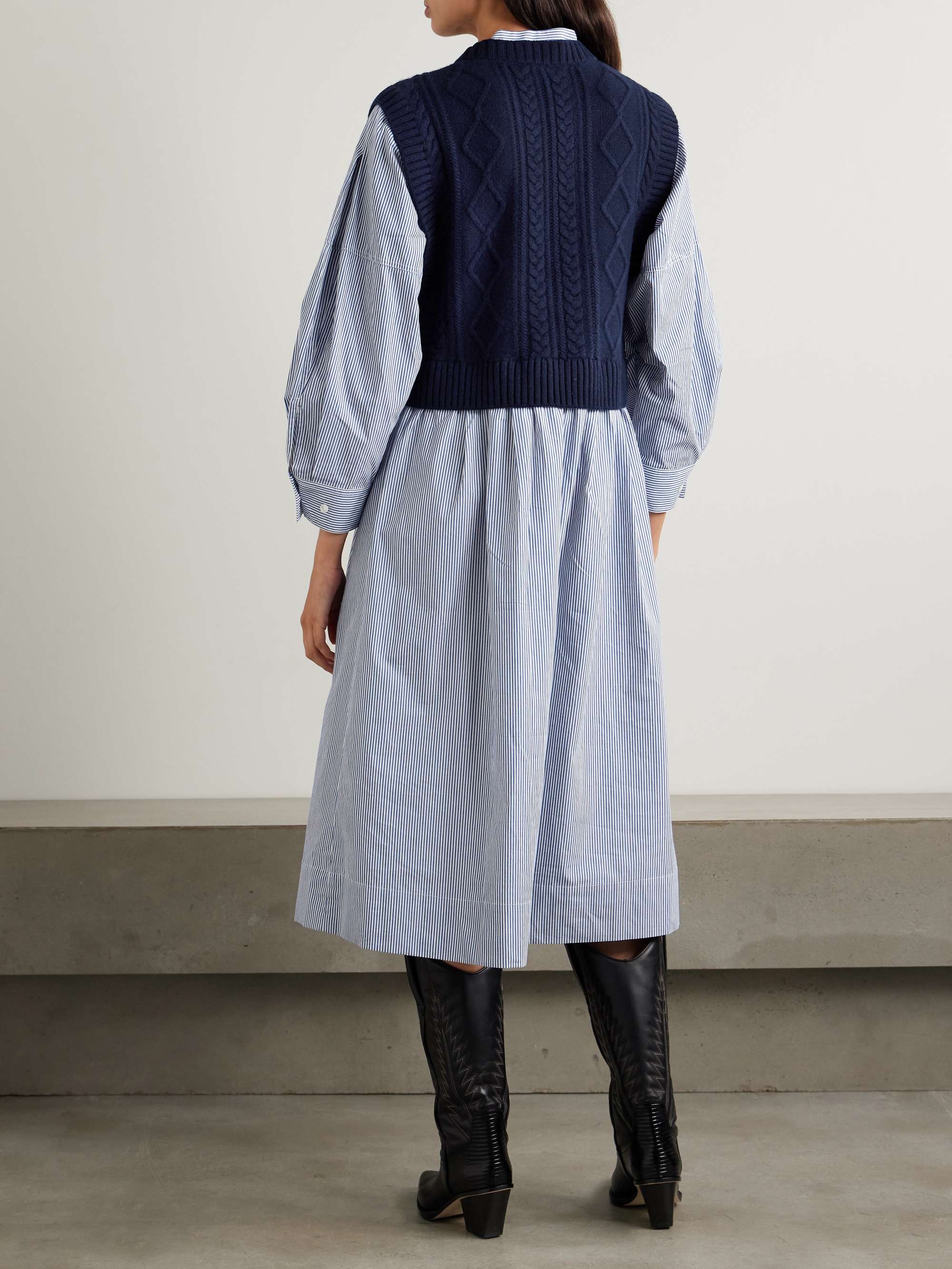 Caleb cable-knit merino wool and striped cotton-poplin midi dress view