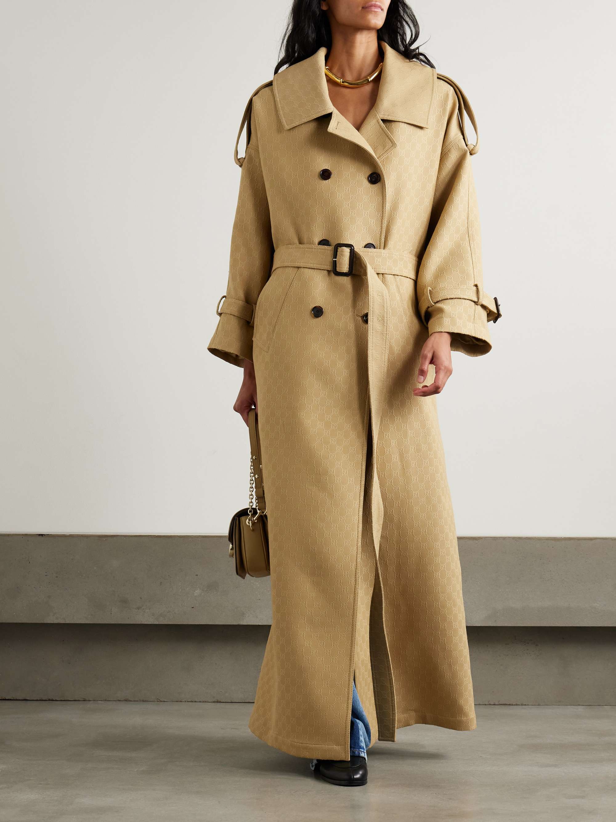 Oversized double-breasted belted wool and silk-blend jacquard trench coat view