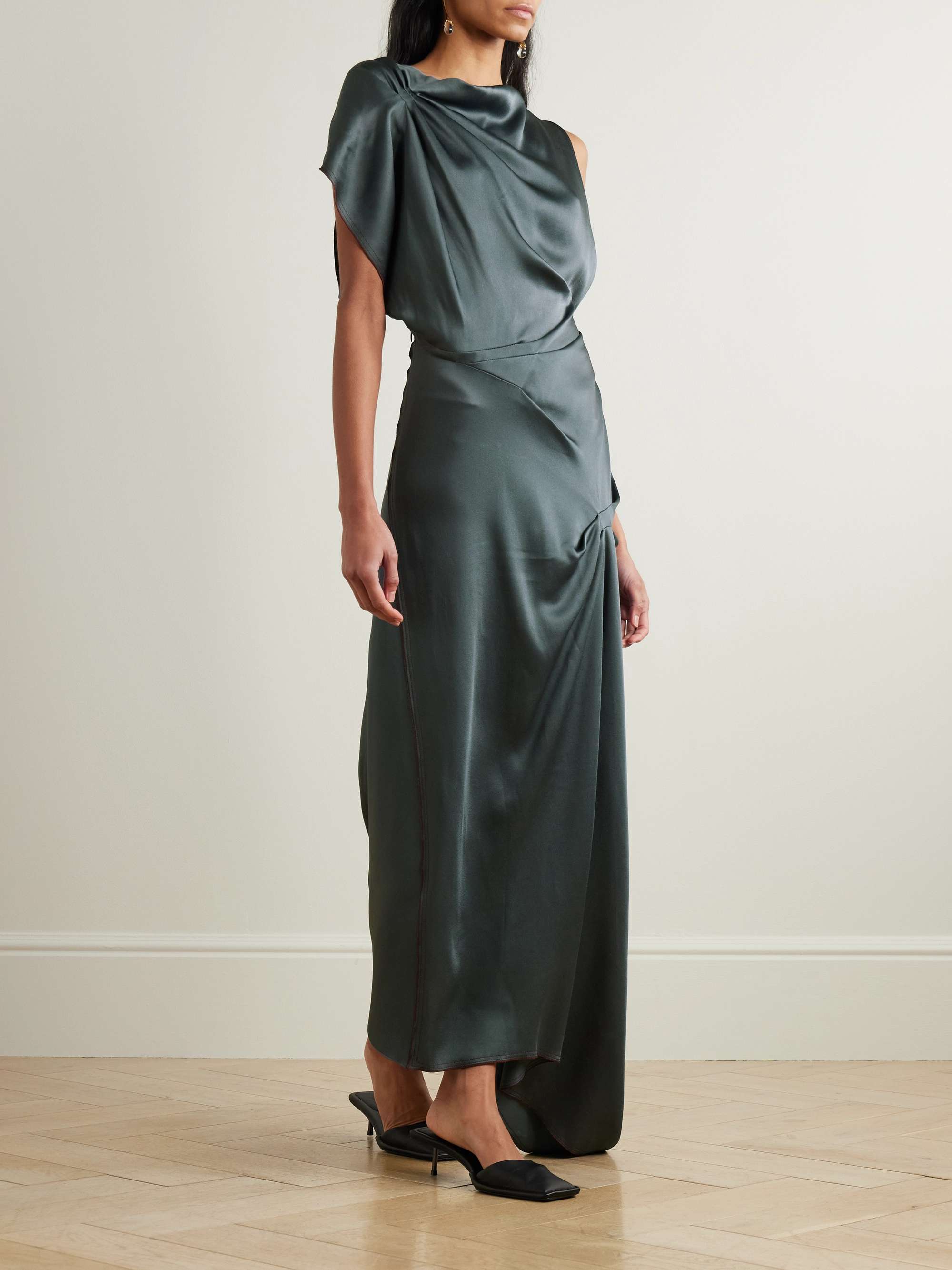Asymmetric draped satin midi dress view