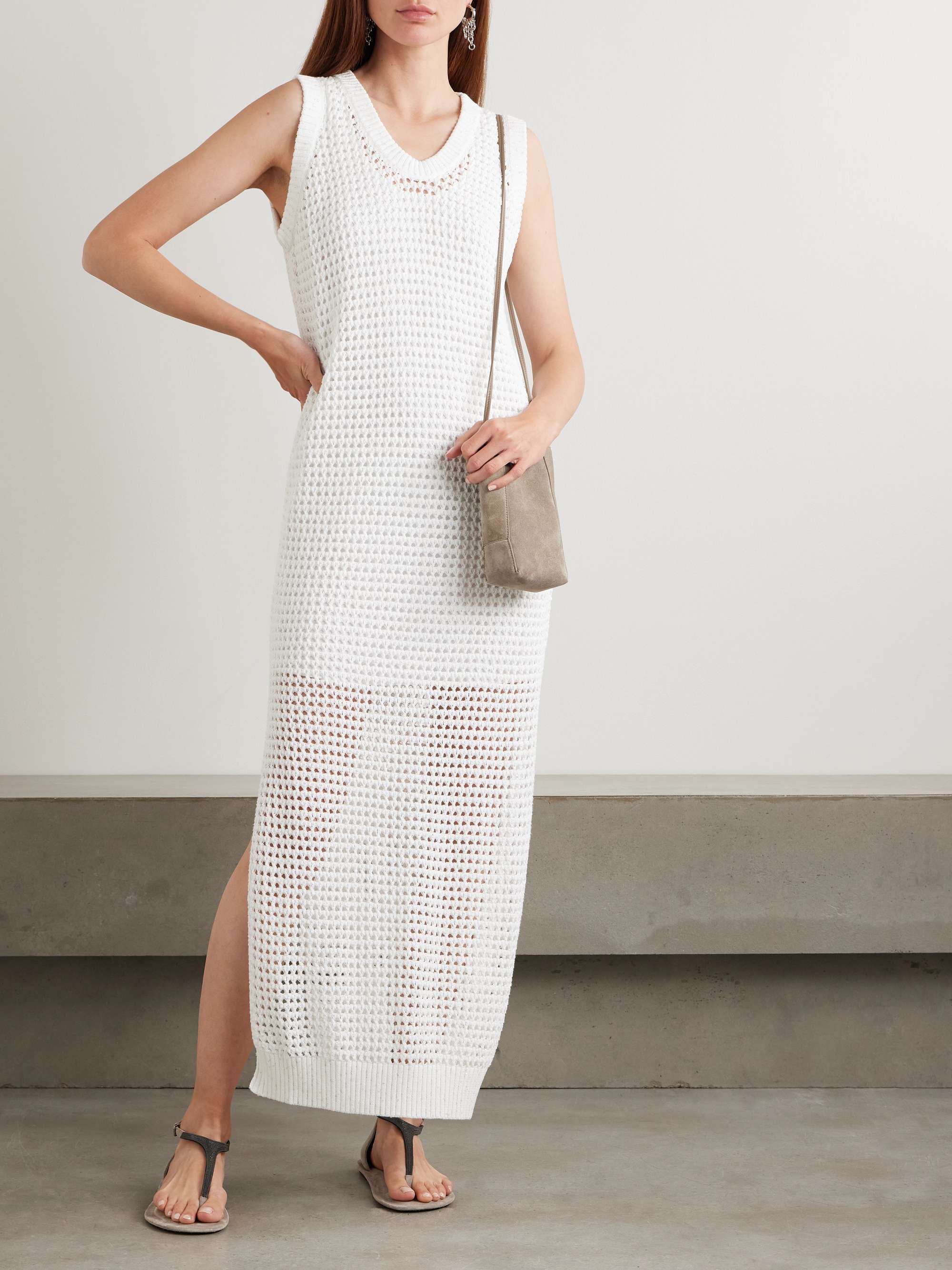 Sequin-embellished open-knit cotton-blend midi dress view