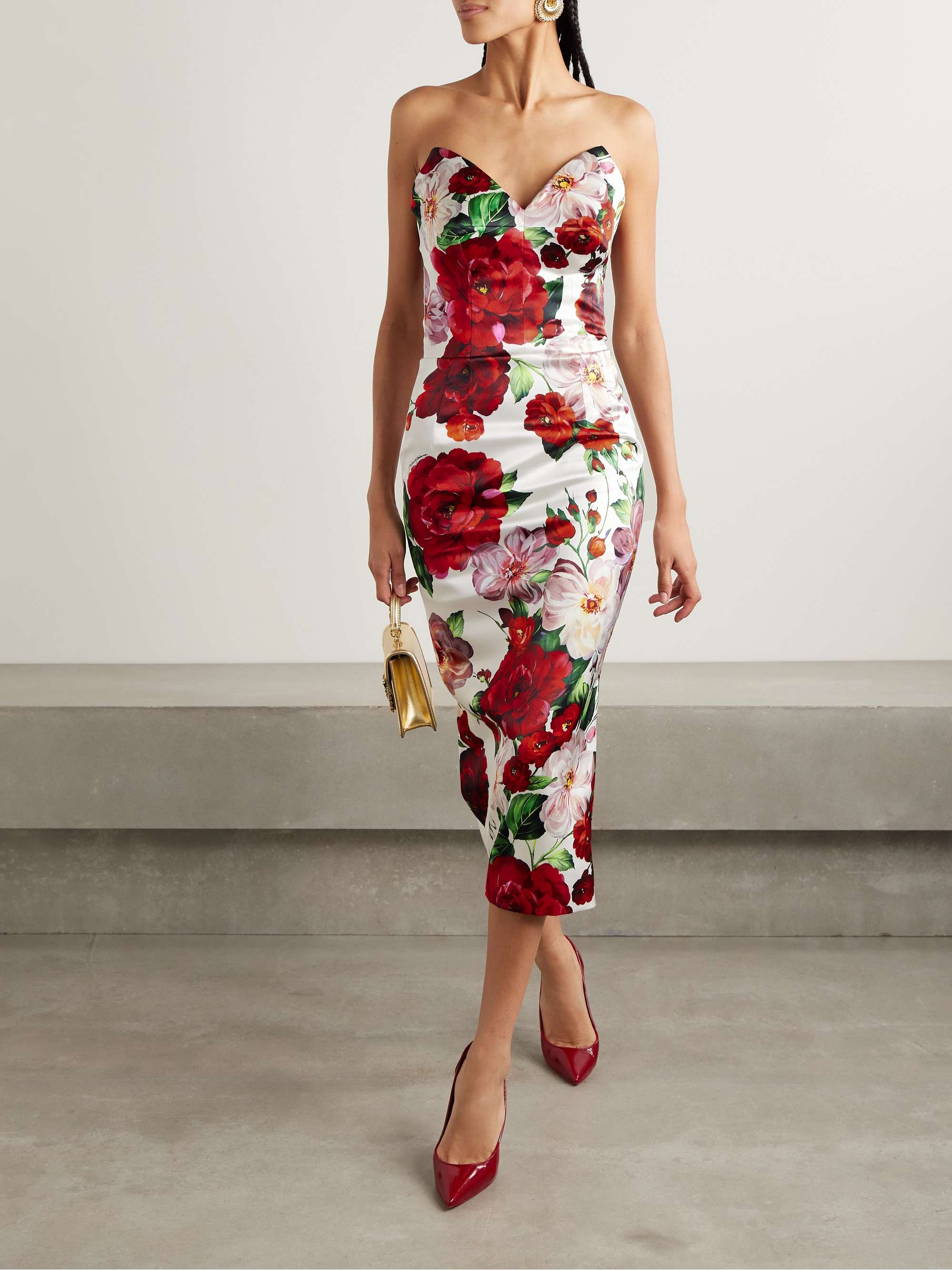 Strapless floral-print satin bustier midi dress view