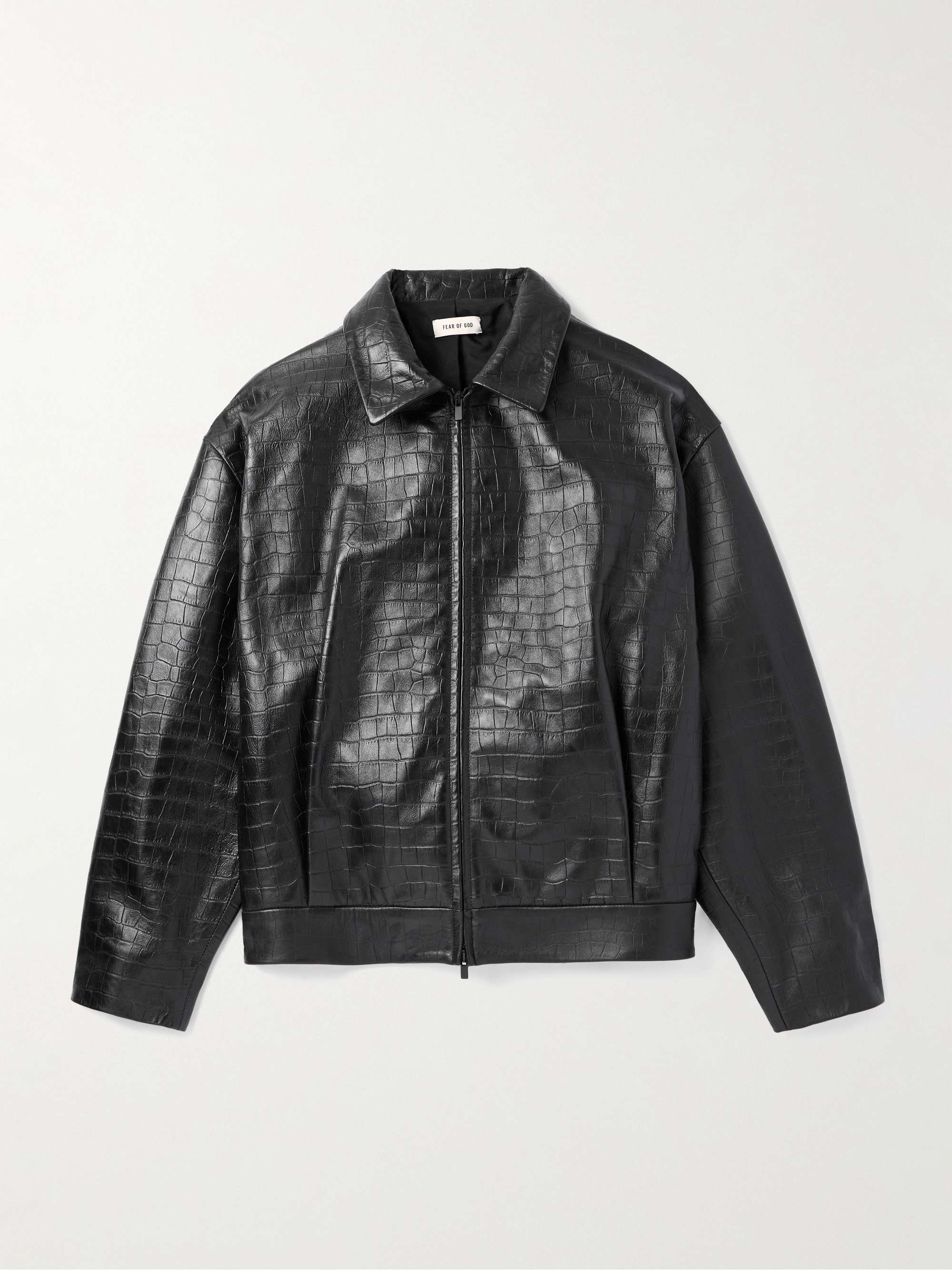 Cropped Pleated Croc-Effect Leather Jacket view