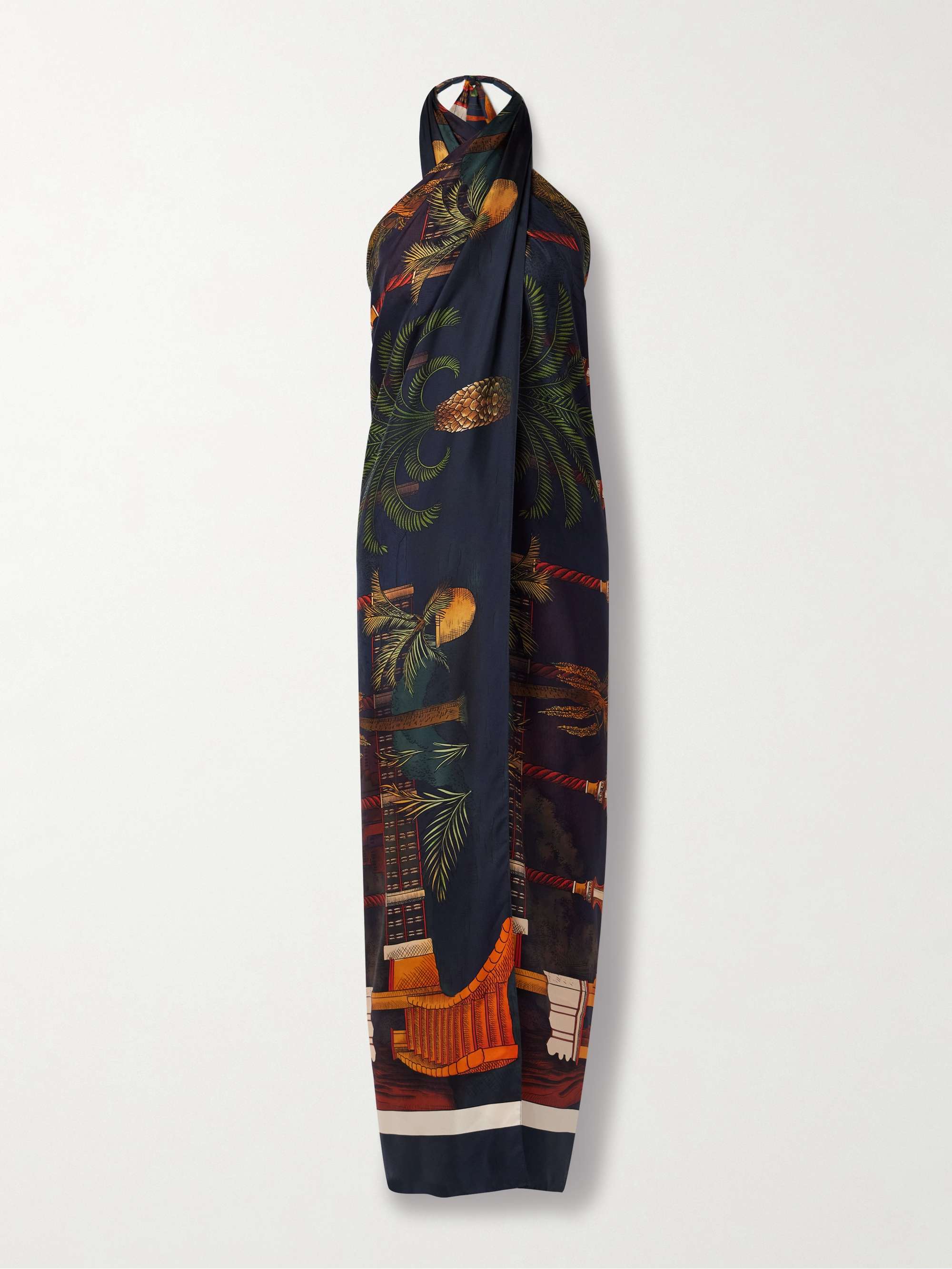Enigma de Seda open-back draped printed silk-satin halterneck tunic view