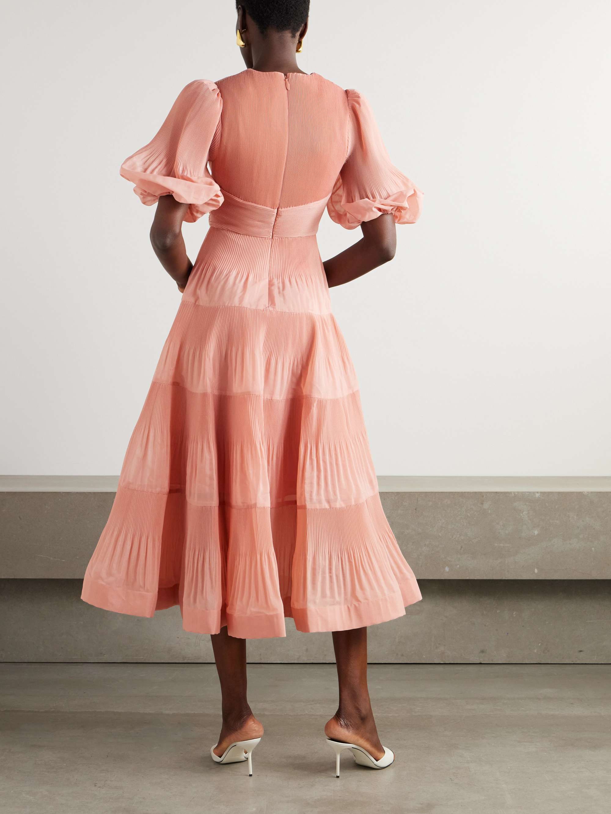Tiered plissé-taffeta midi dress view