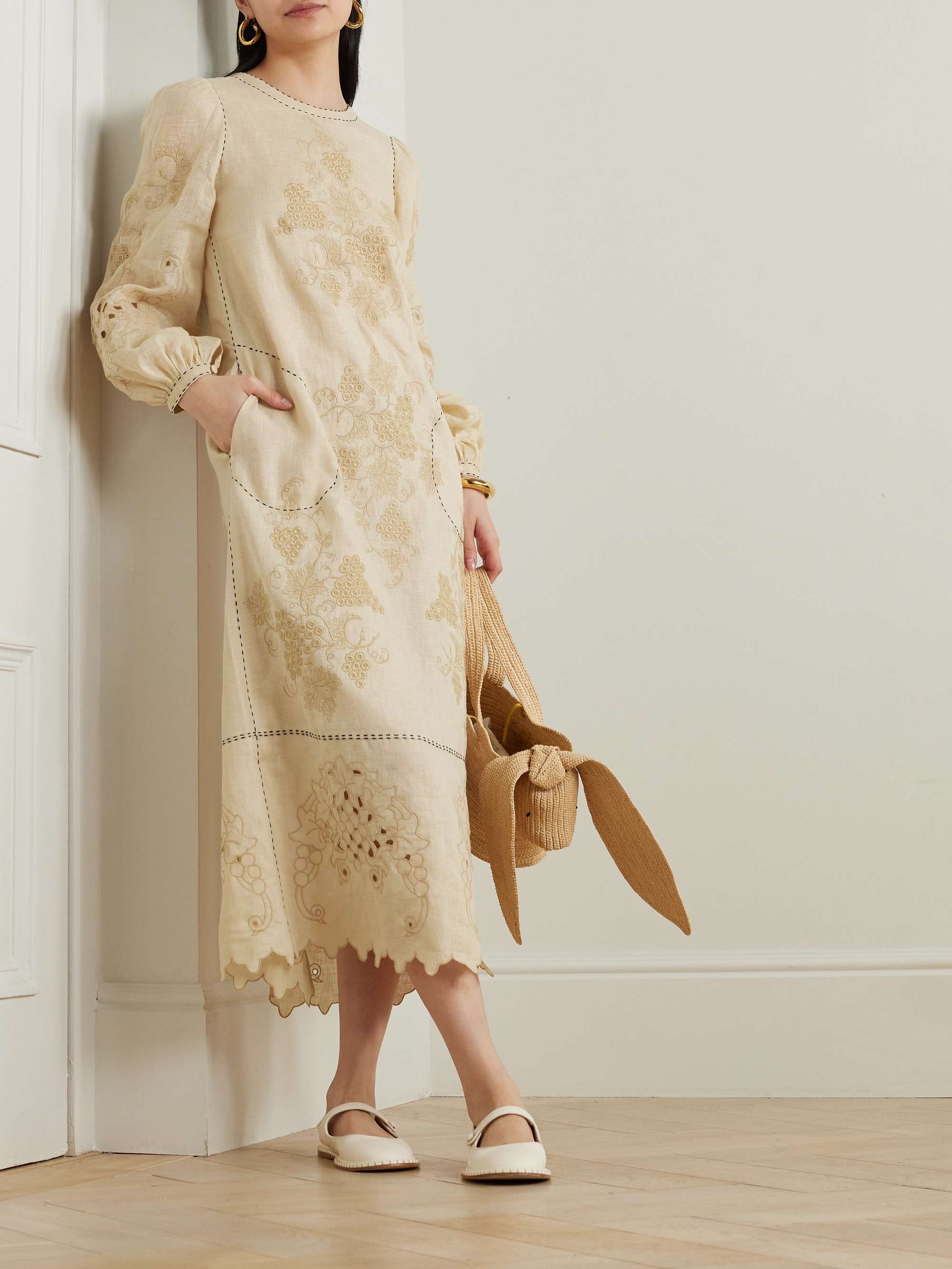Ophelia scalloped broderie anglaise linen midi dress view