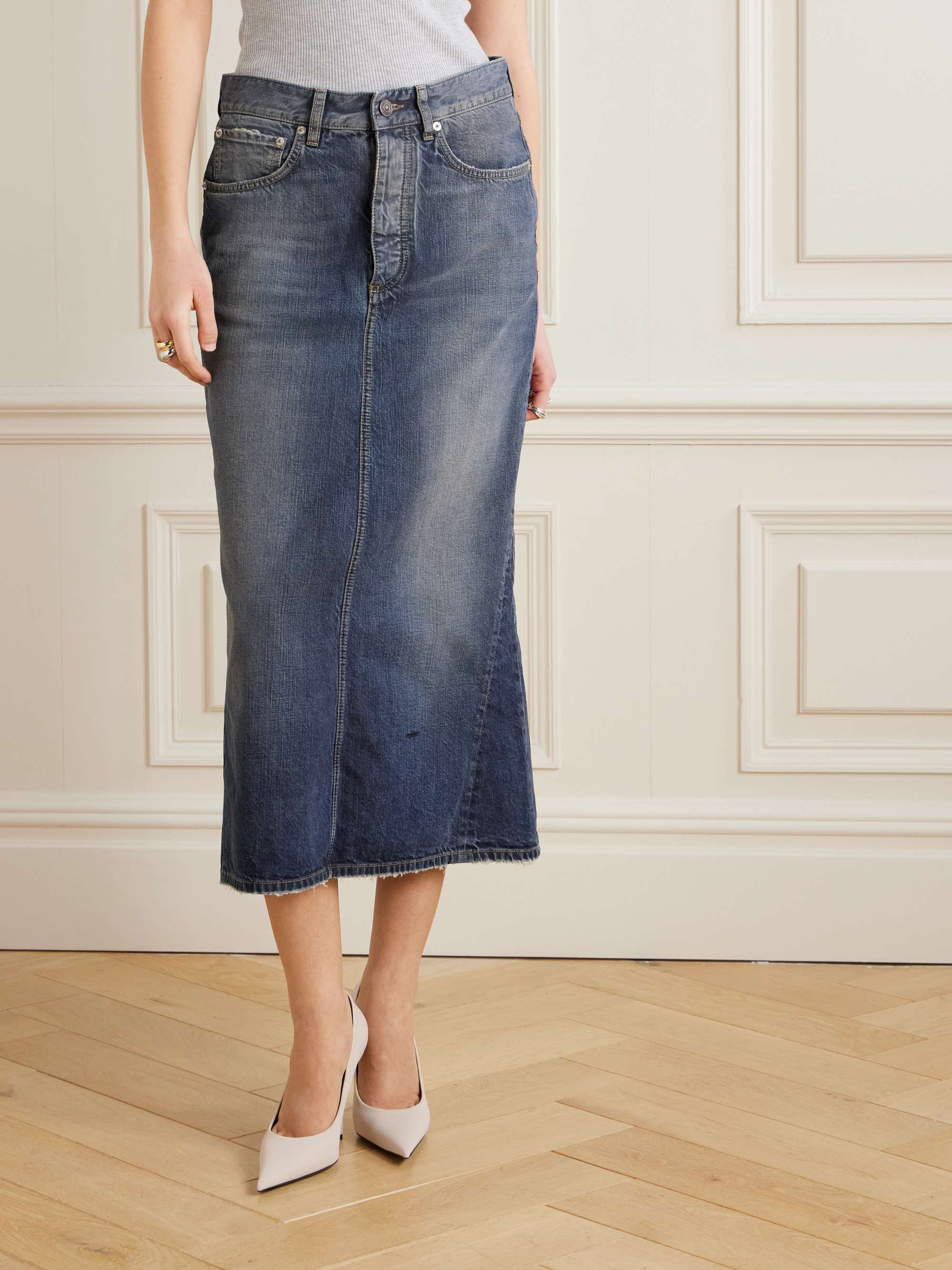 Distressed denim midi skirt view