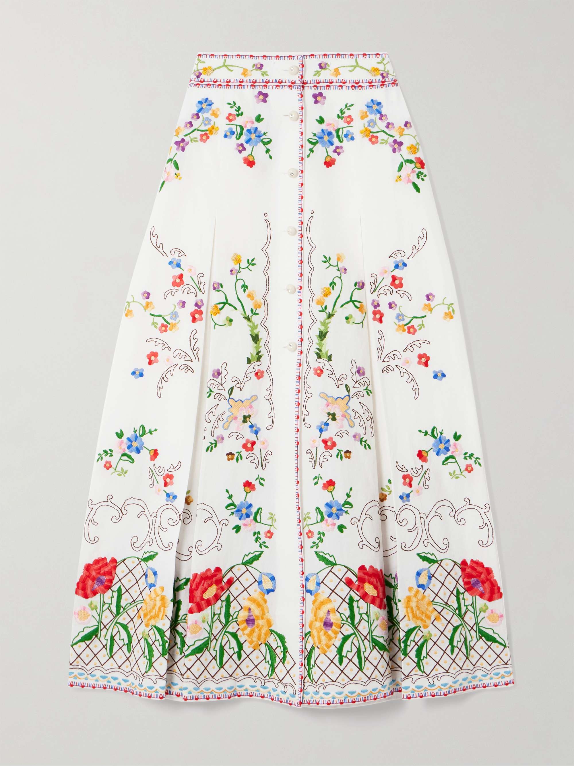 Pleated embroidered cotton, linen and silk-blend midi skirt view