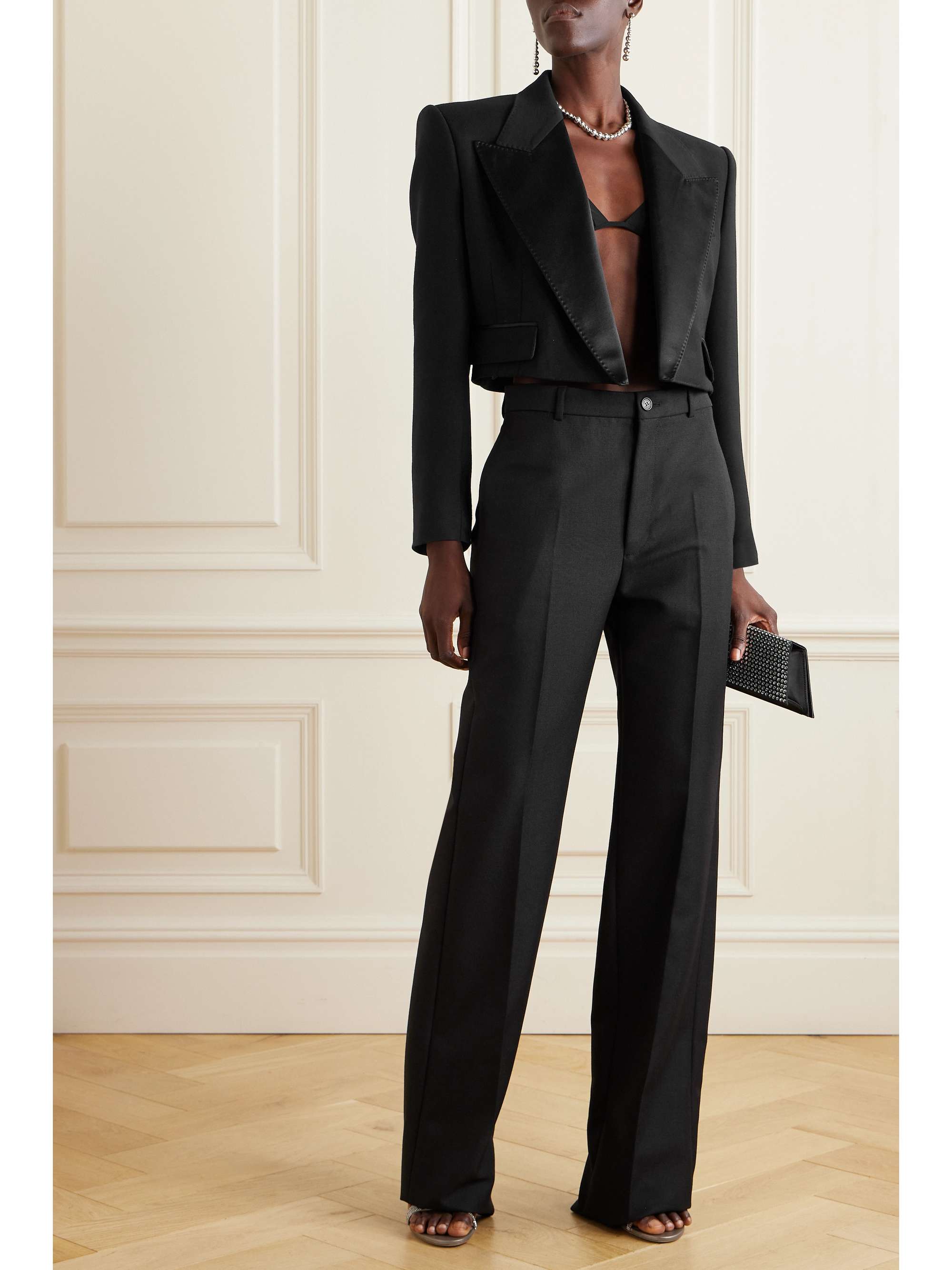 Cropped satin-trimmed wool-blend blazer view