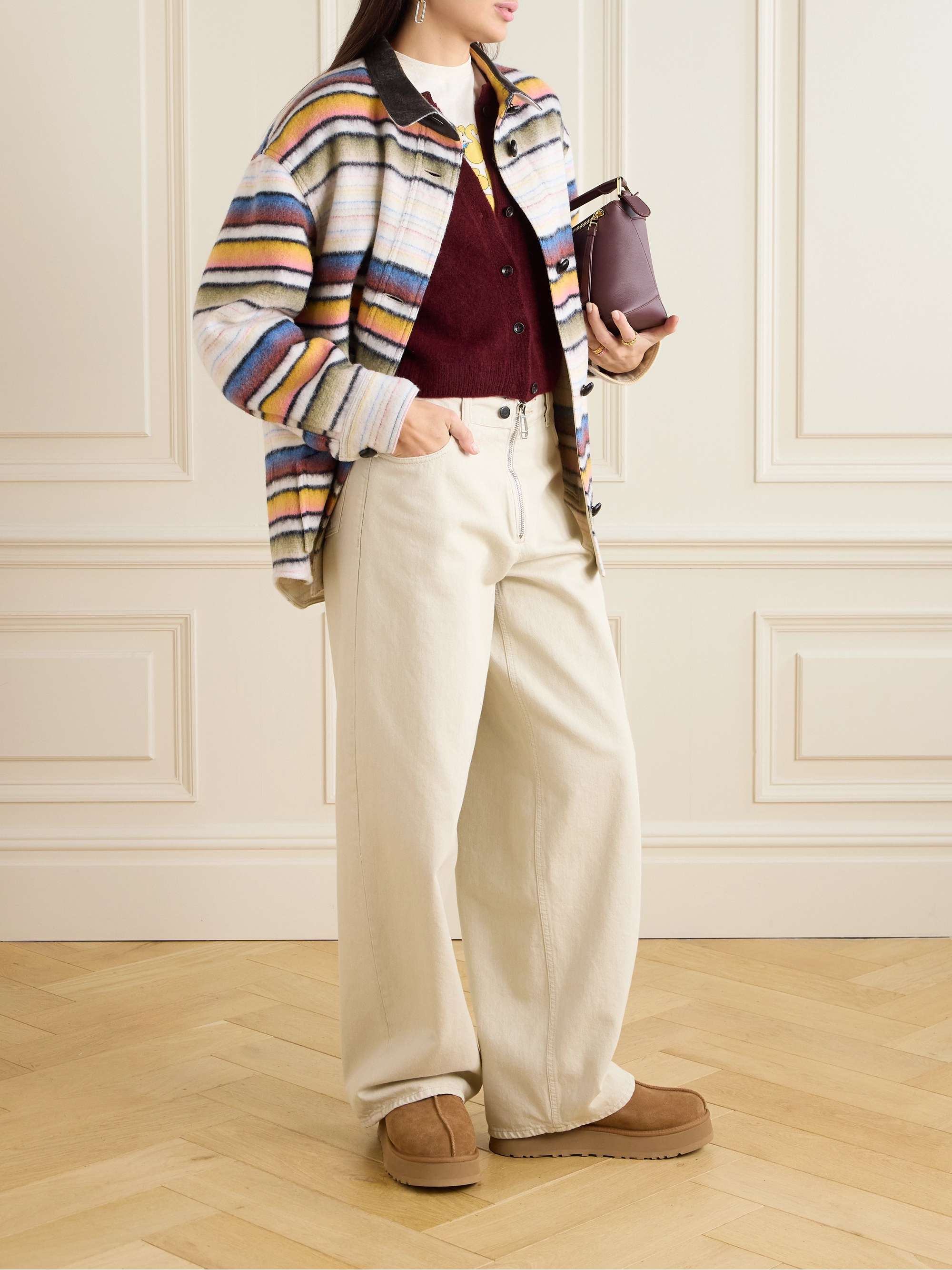 Dayvi oversized faux leather-trimmed striped brushed wool-blend jacket view