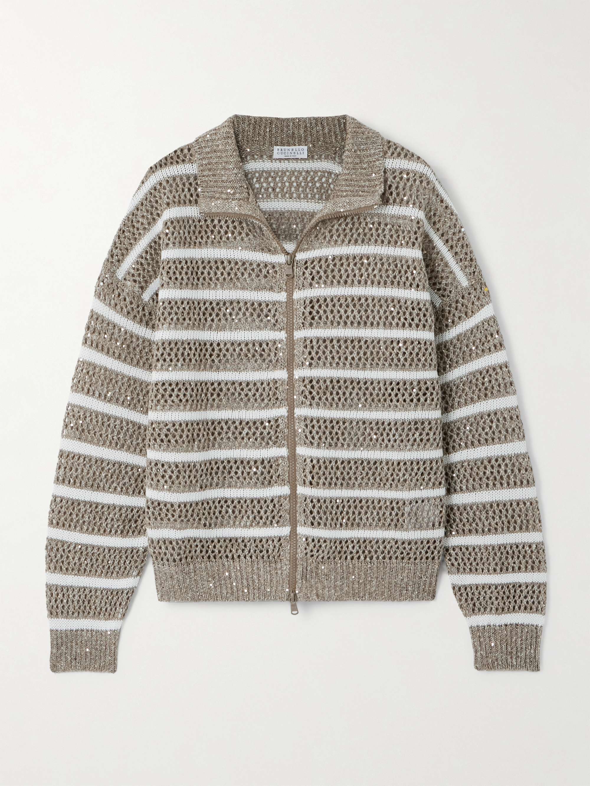Sequined striped open-knit linen-blend cardigan view