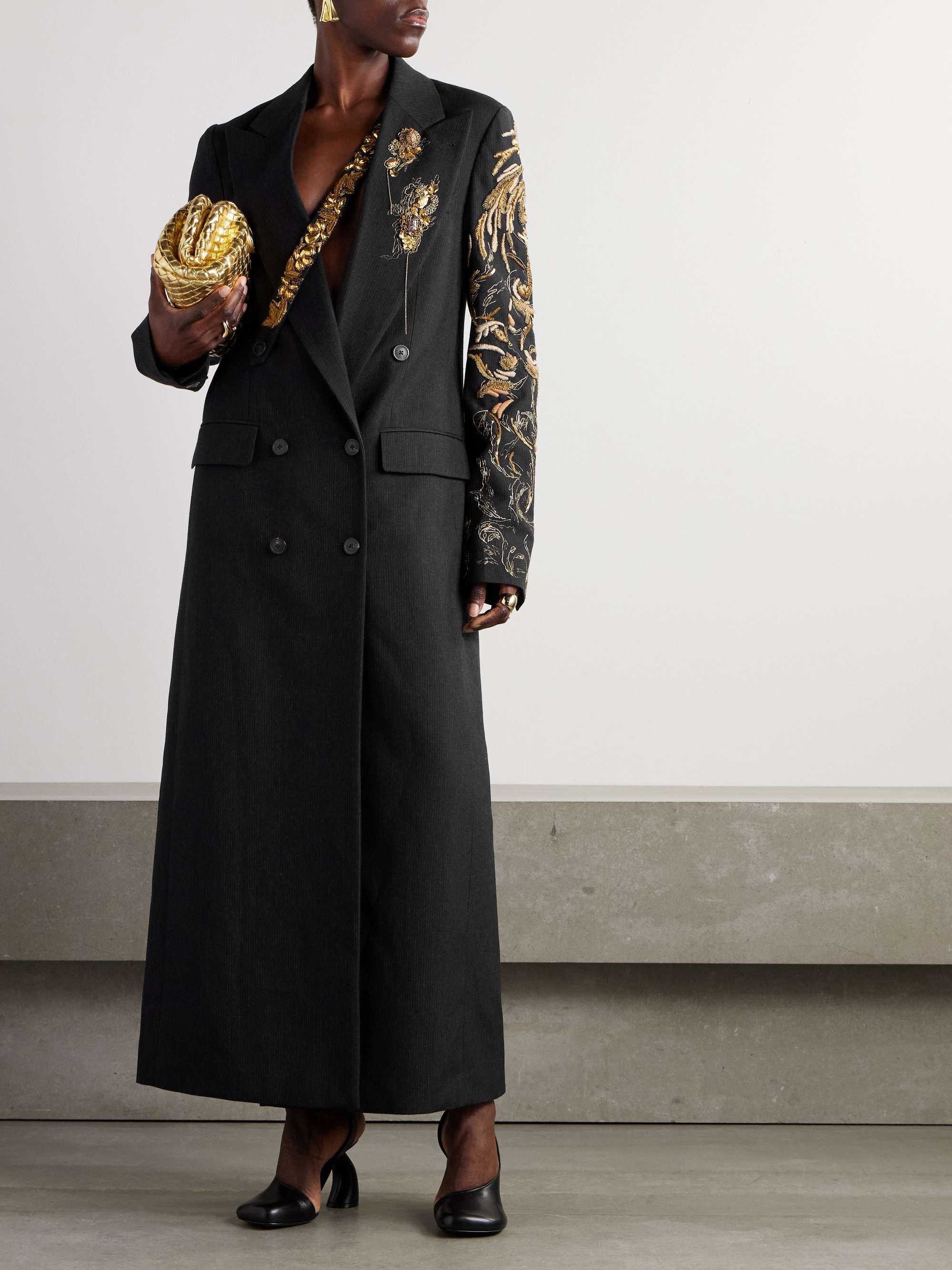 Double-breasted embellished striped wool and linen-blend coat view