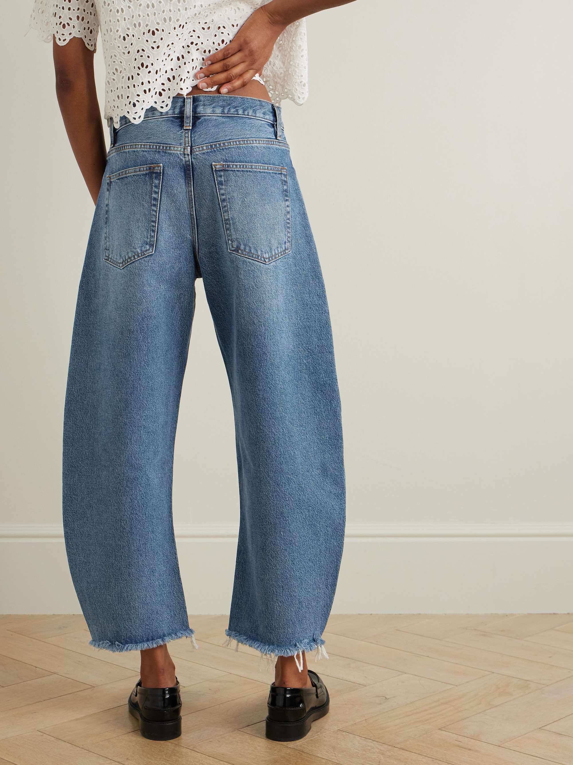 The Bubble Crop frayed high-rise barrel-leg jeans view