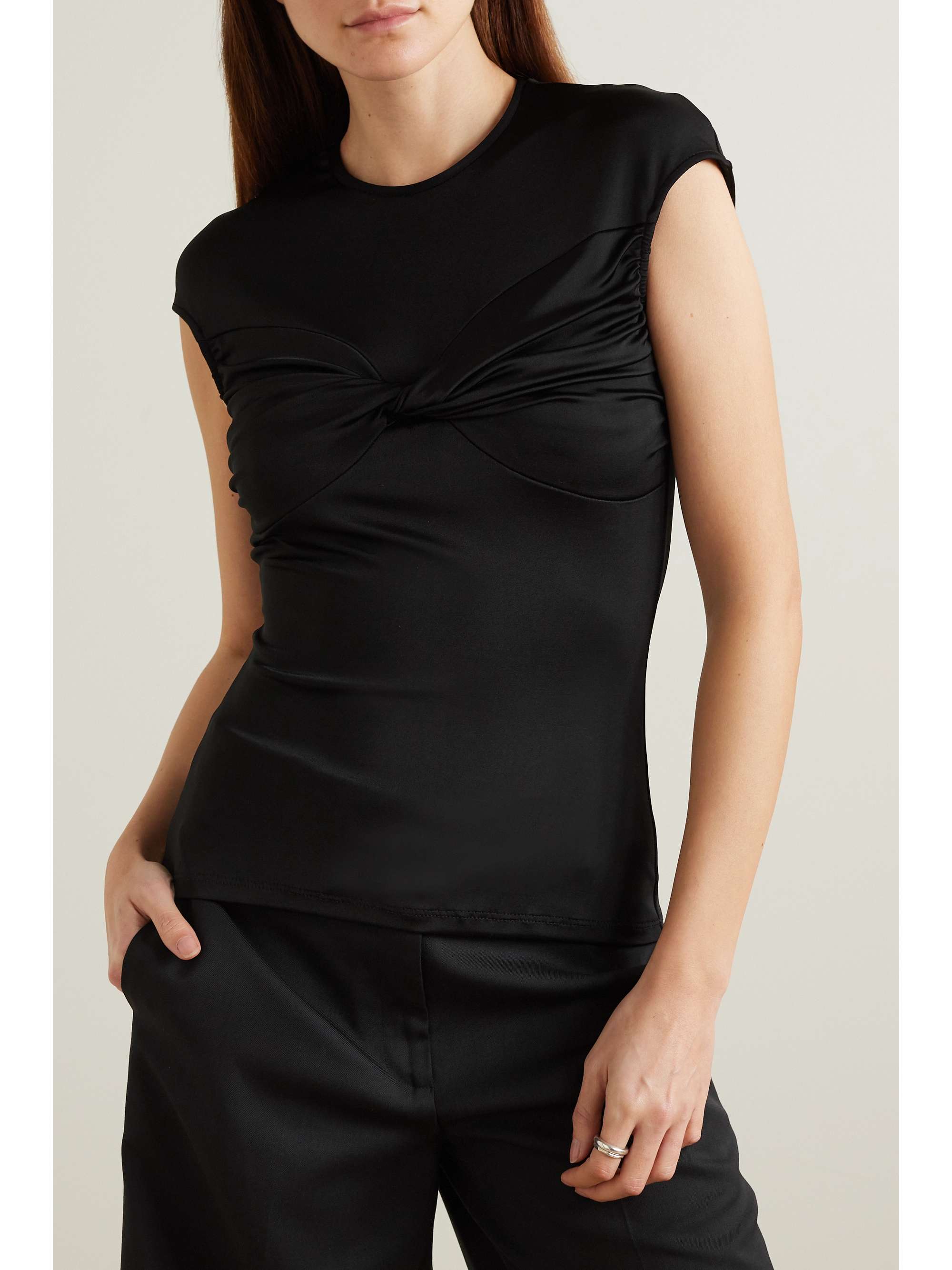 Paola twist-front satin and stretch-jersey top view